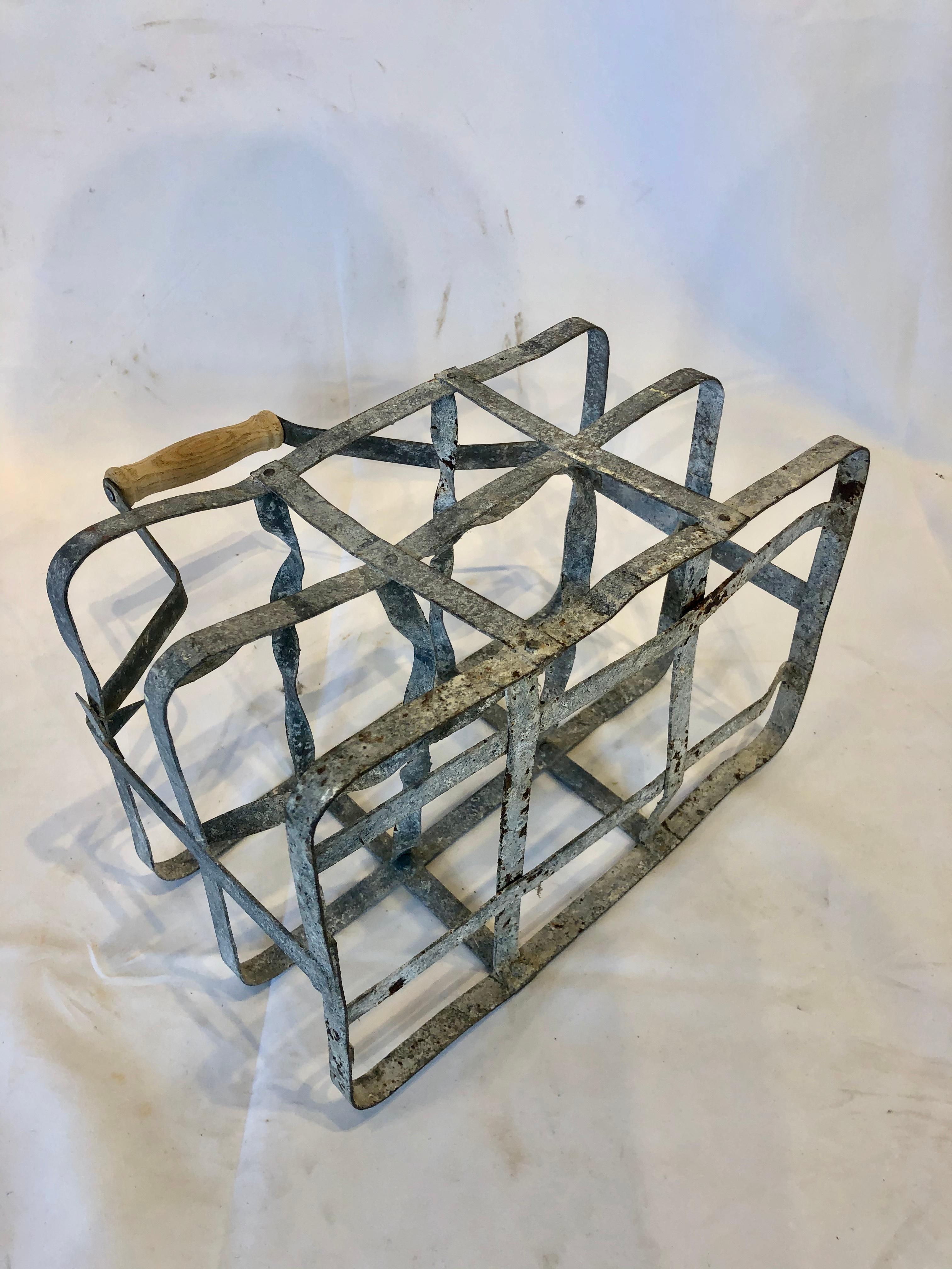 Tin Early 20th Century Vintage French Six Bottle Wine Carrier Basket from France