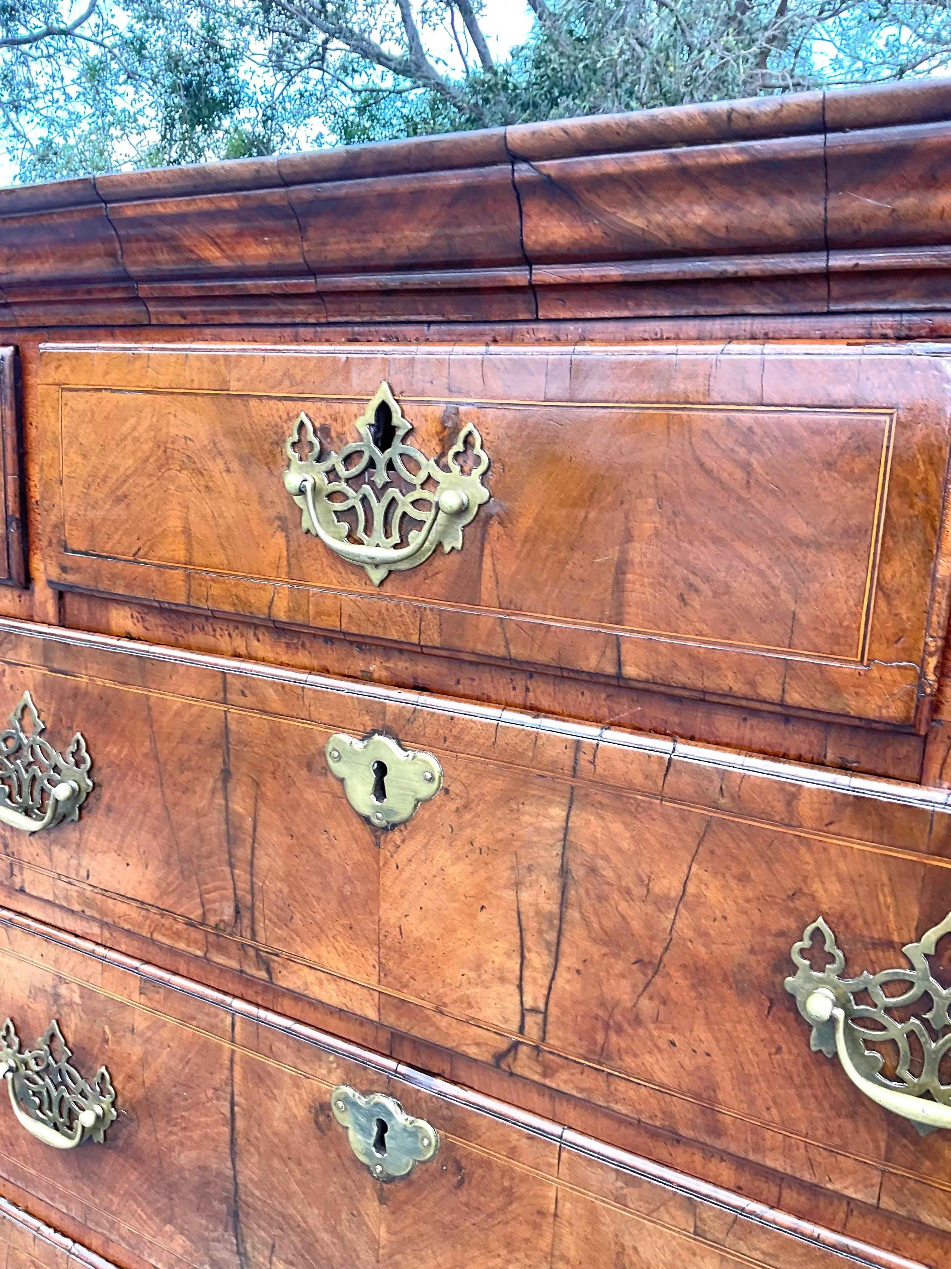 An extraordinary vintage Boho highboy. A chic Burl wood cabinet in a stacked cabinet design. Beautiful brass period hardware. Acquired from a Palm Beach estate