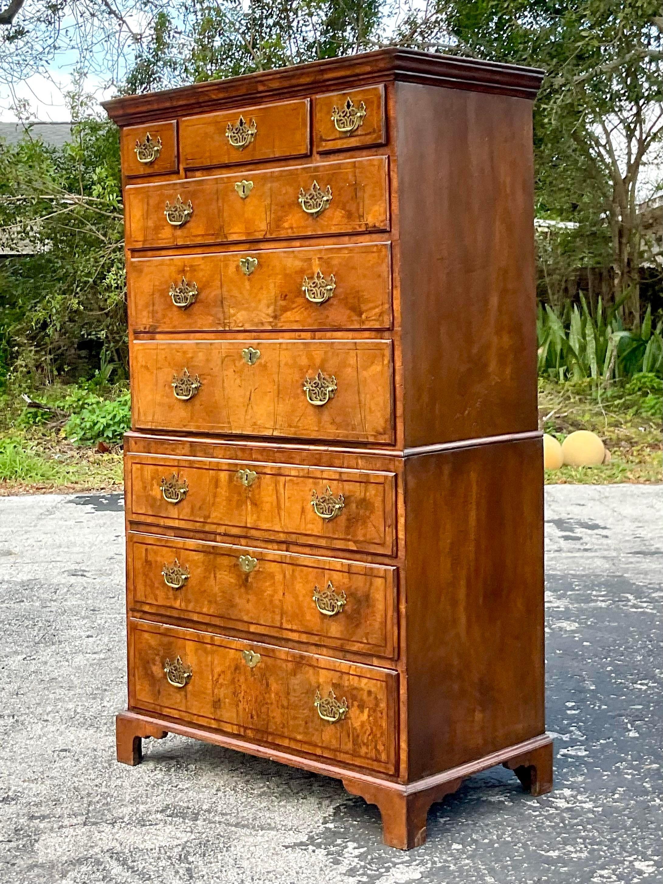American Early 20th Century Vintage Regency Burl Wood Stacked Highboy For Sale