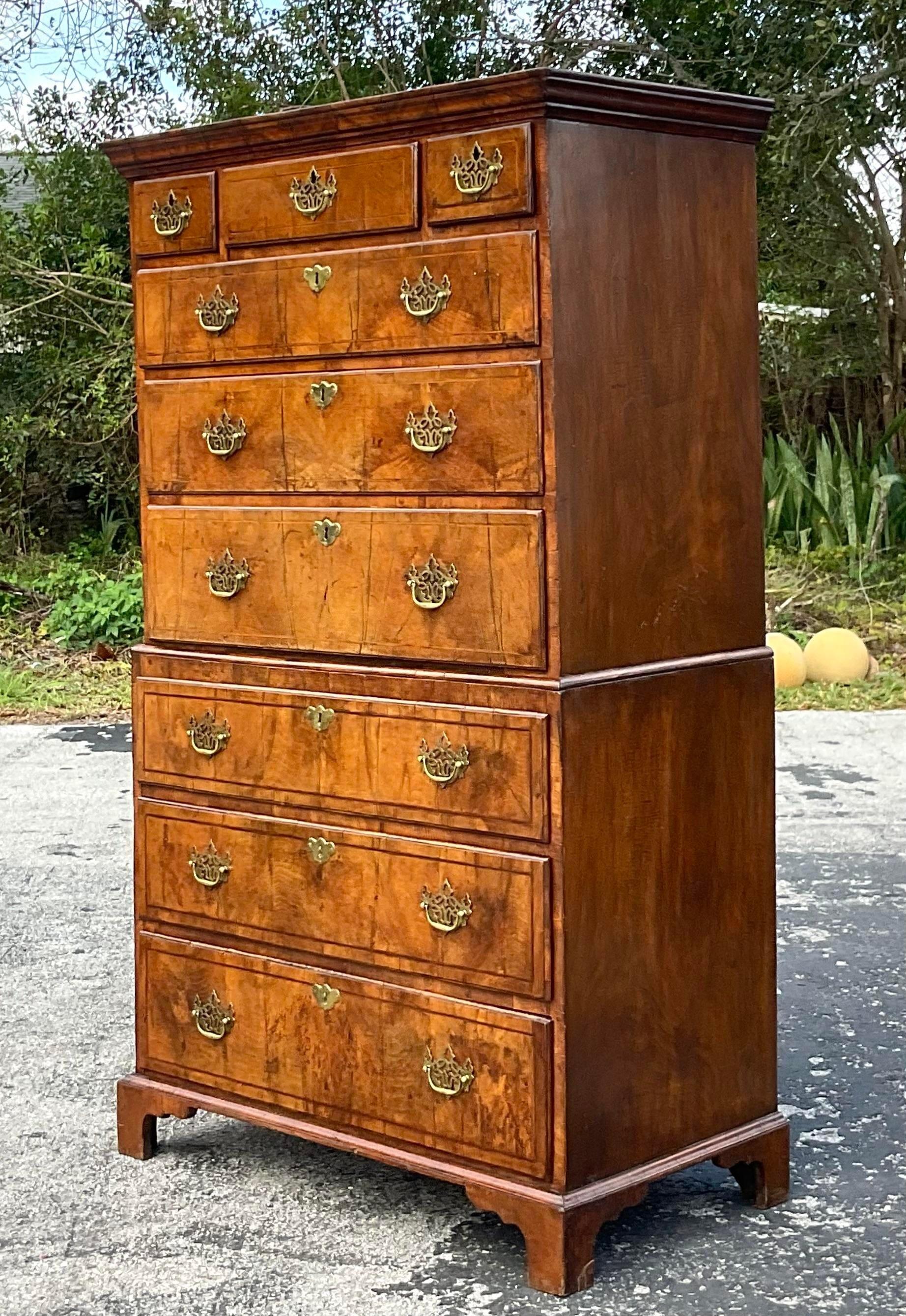 Early 20th Century Vintage Regency Burl Wood Stacked Highboy For Sale 1