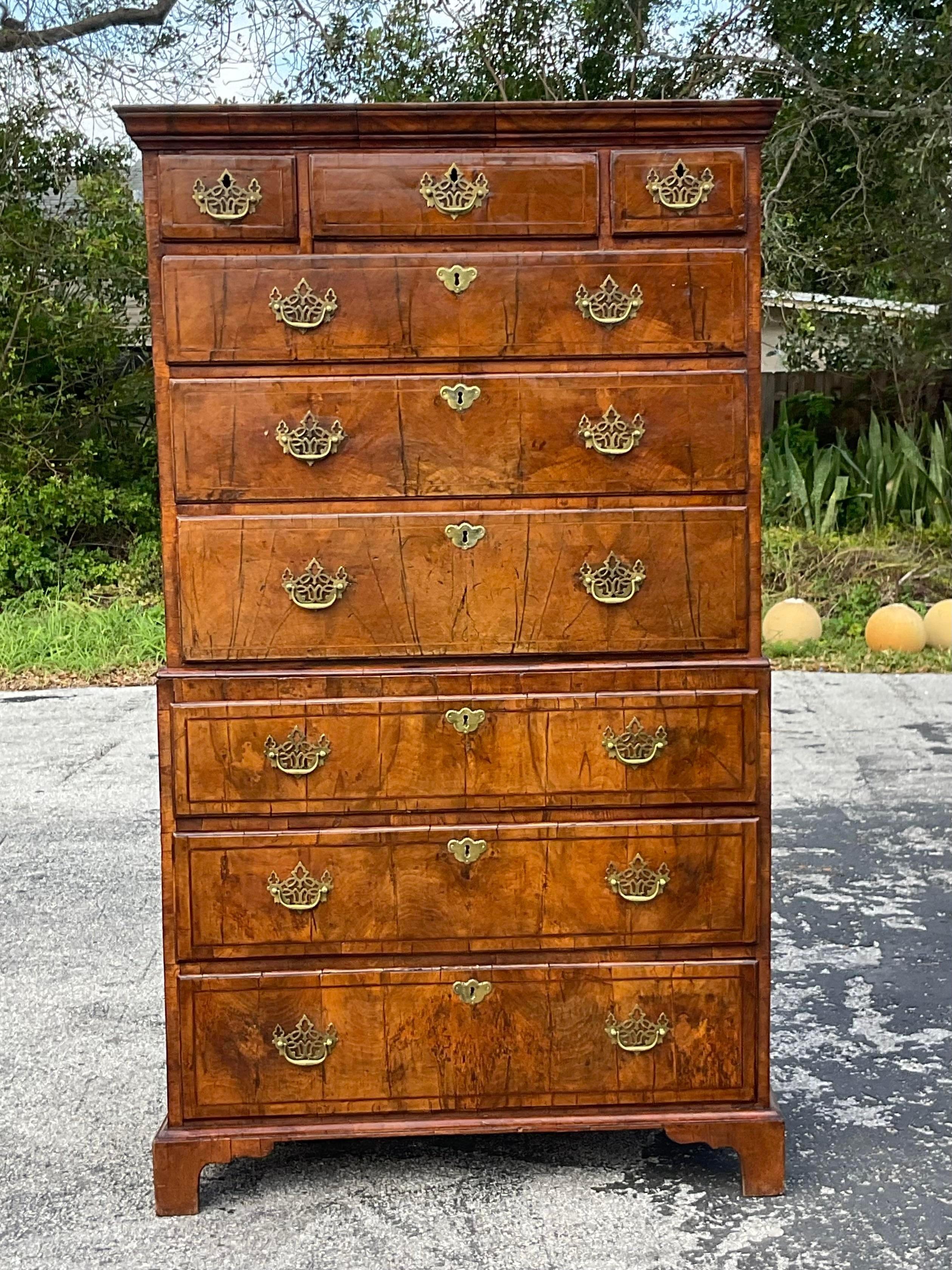 Early 20th Century Vintage Regency Burl Wood Stacked Highboy For Sale 2
