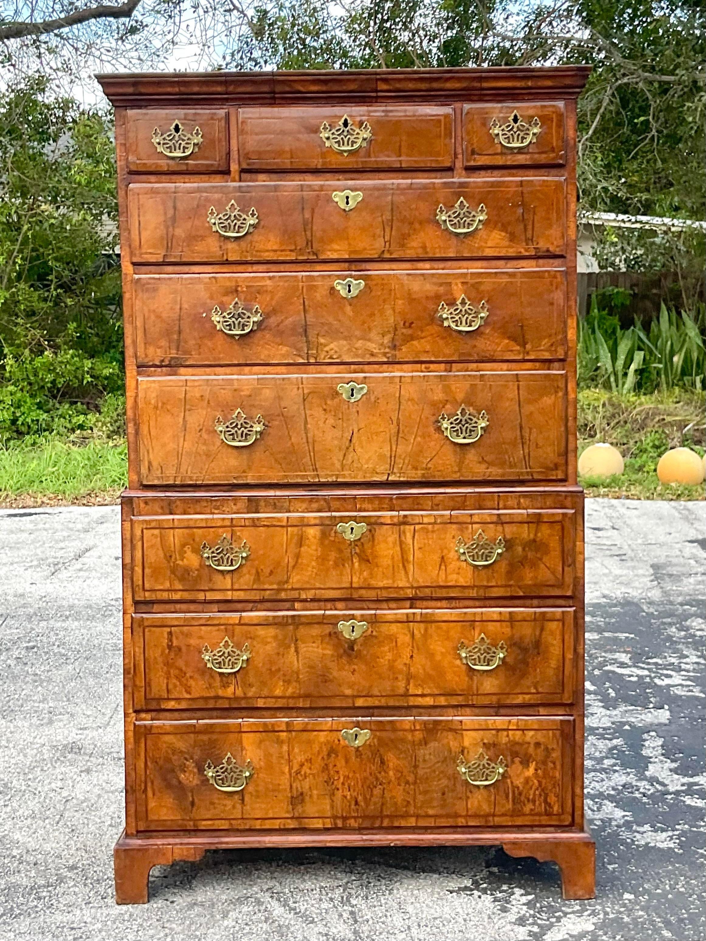 Early 20th Century Vintage Regency Burl Wood Stacked Highboy For Sale 3