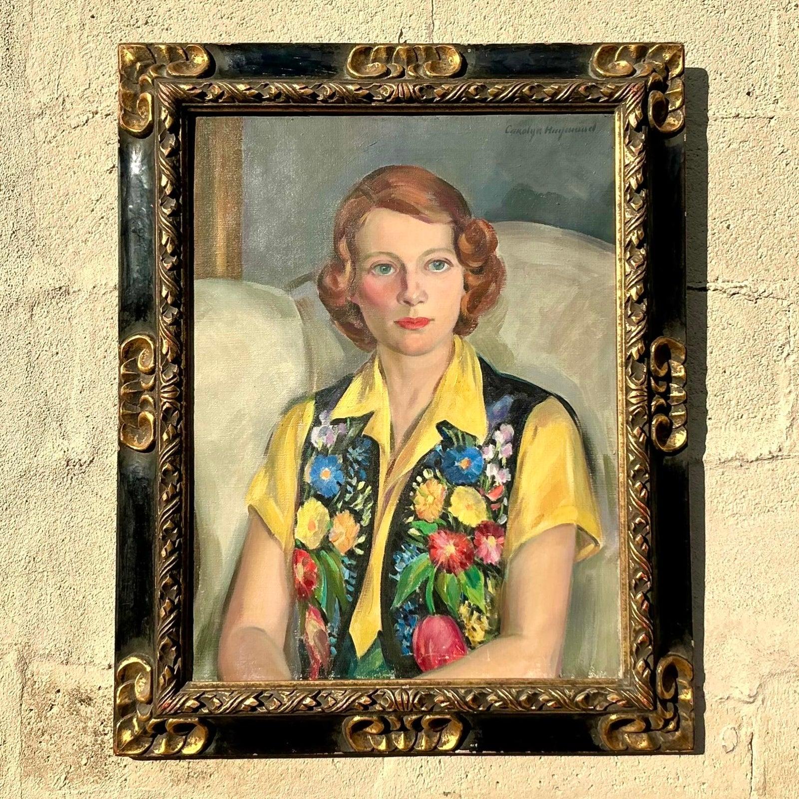 Questo squisito ritratto originale a olio su tela cattura l'eleganza senza tempo di una signora, resa in uno stile classico e gentile che ricorda la ritrattistica della metà del XX secolo. Il soggetto, con i suoi caldi capelli castano-rossicci e la