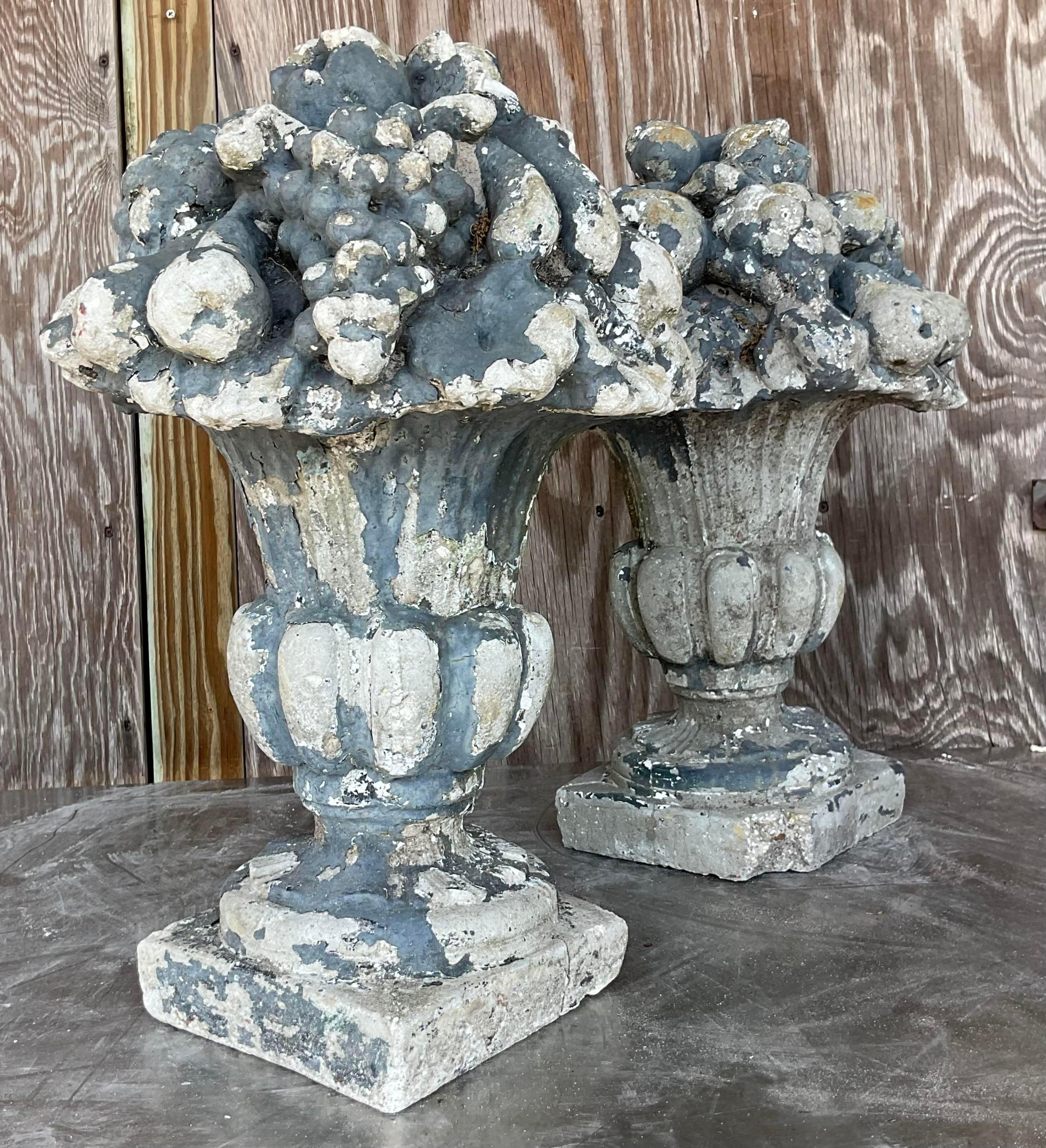 American Early 20th Century Vintage Regency Patinated Concrete Floral Arrangements-a Pr For Sale