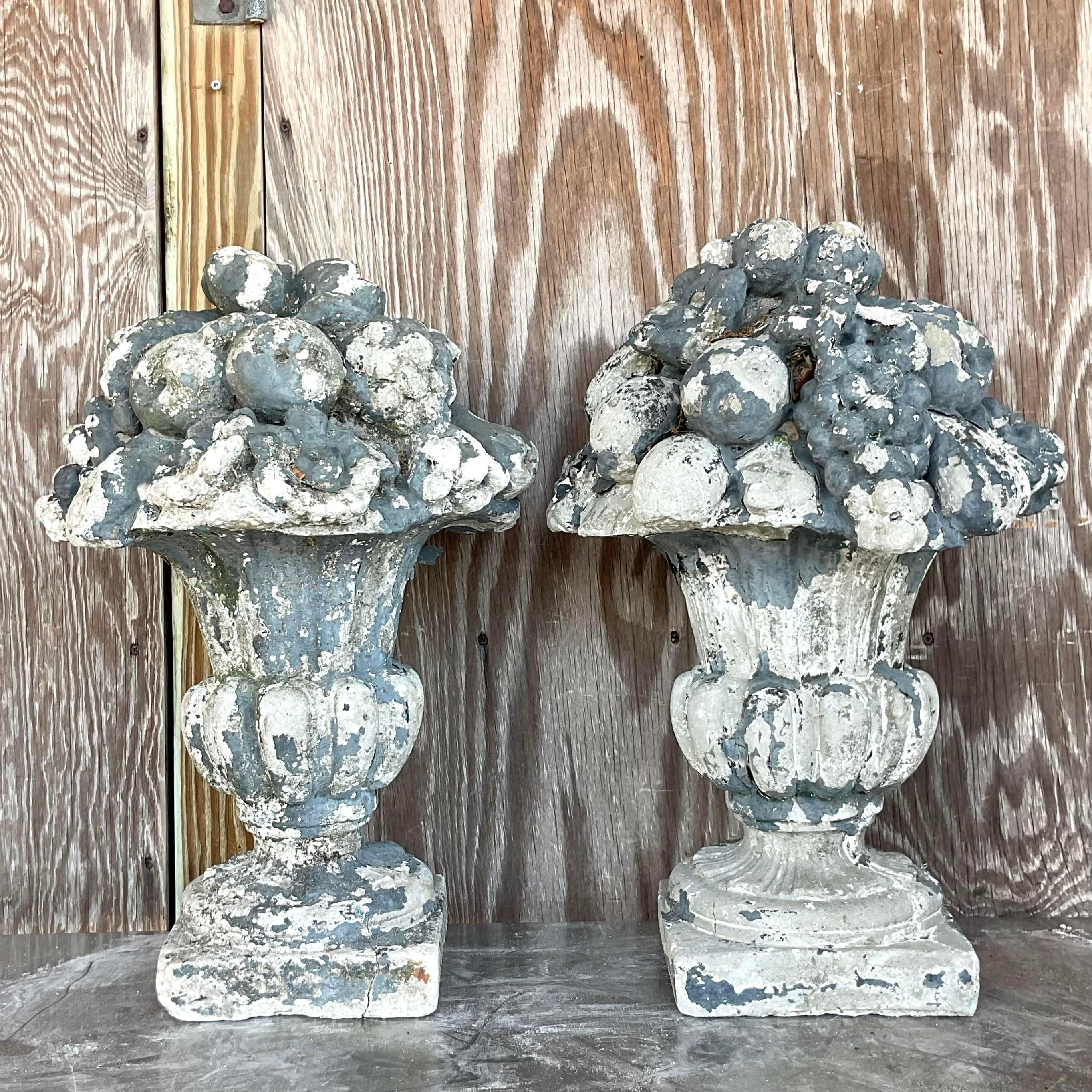 Early 20th Century Vintage Regency Patinated Concrete Floral Arrangements-a Pr In Good Condition For Sale In west palm beach, FL