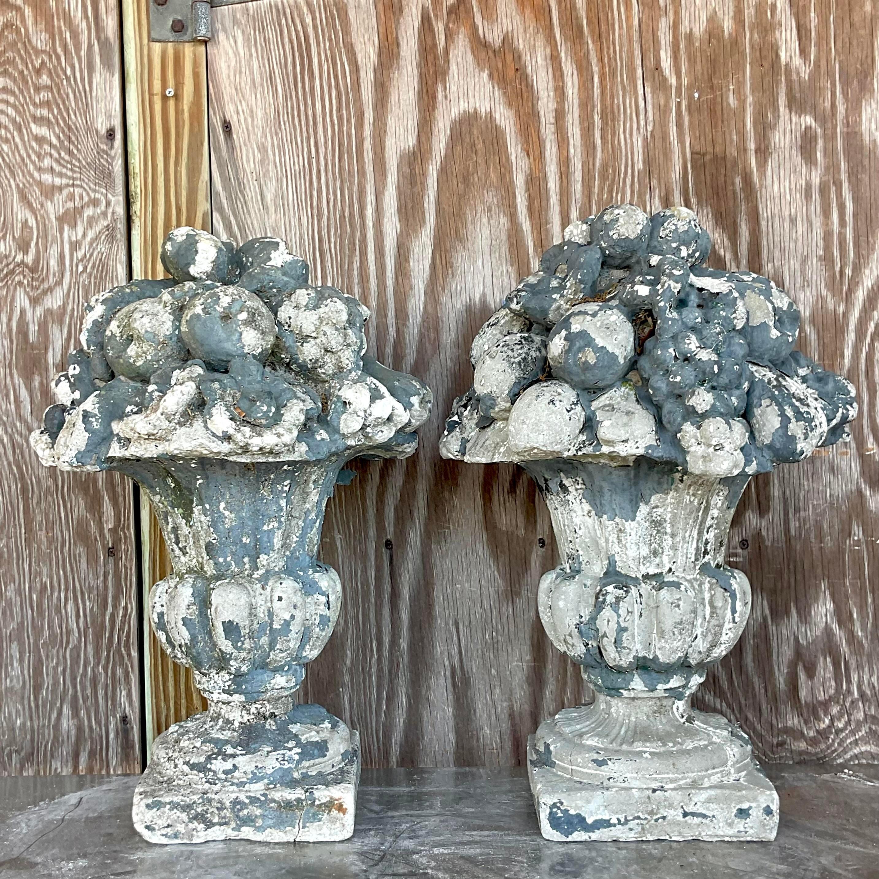 Early 20th Century Vintage Regency Patinated Concrete Floral Arrangements-a Pr For Sale 1