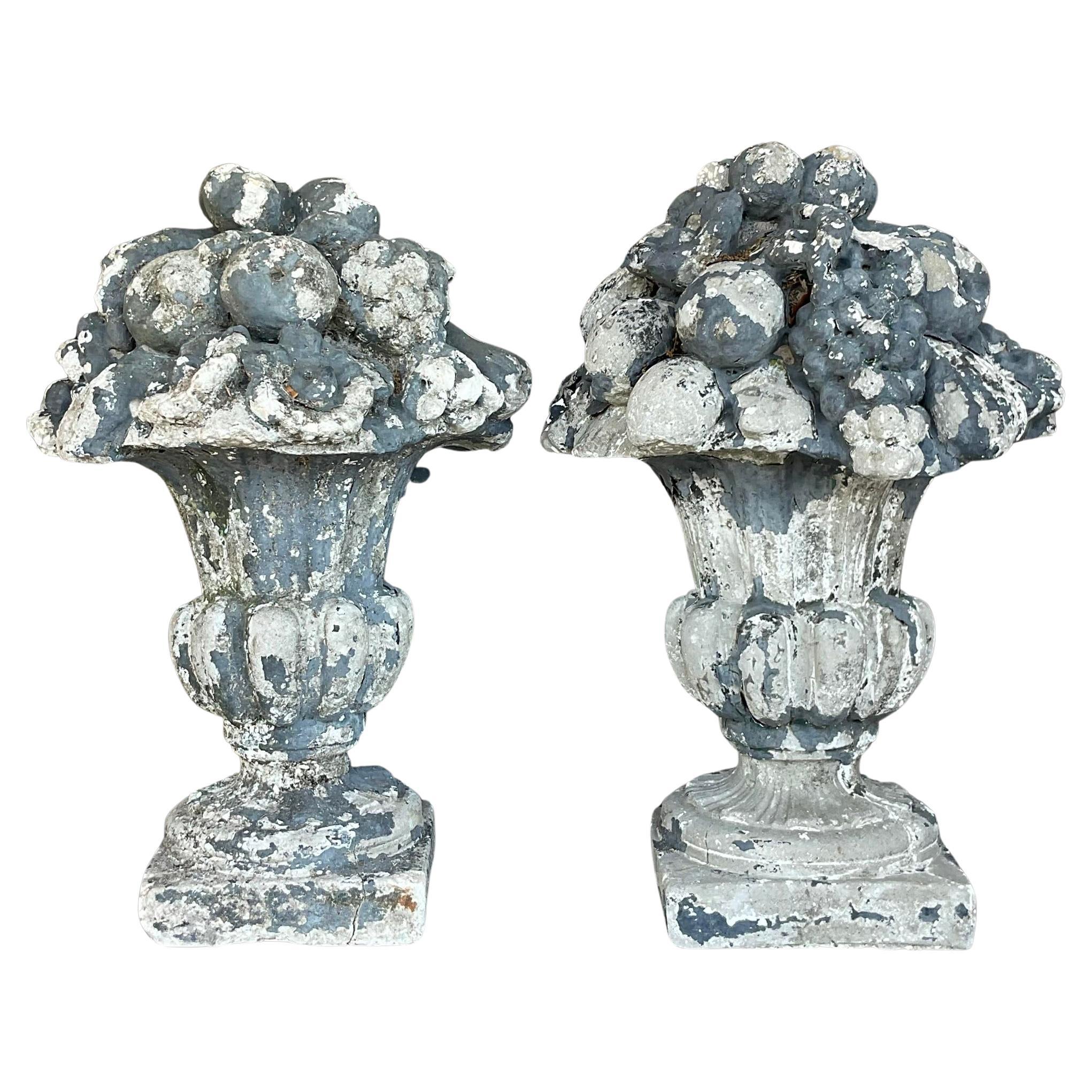 Early 20th Century Vintage Regency Patinated Concrete Floral Arrangements-a Pr For Sale