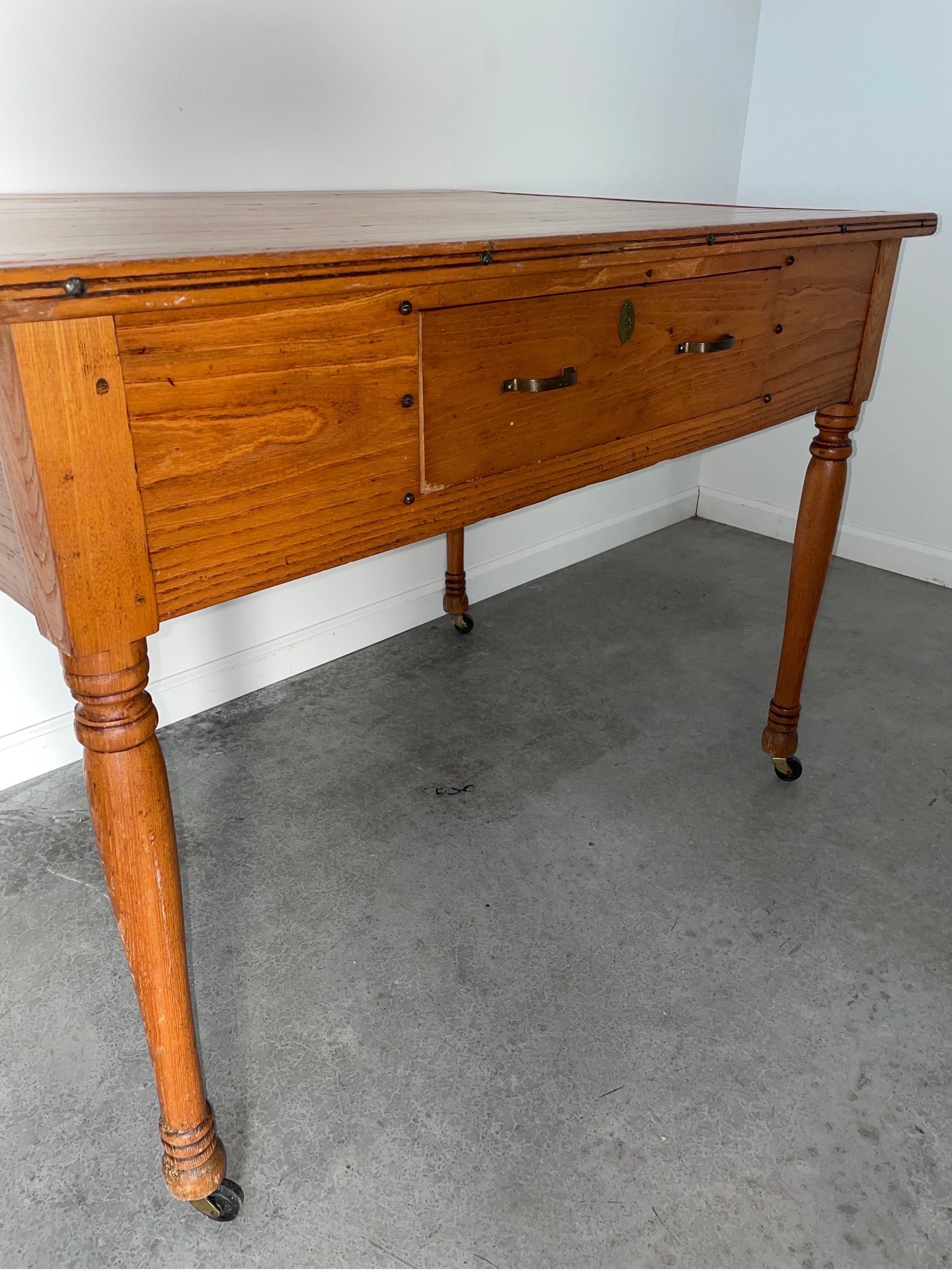 Early 20th Century Vintage Wood Farm Work Table Kitchen Island With Butcher Bloc For Sale 3