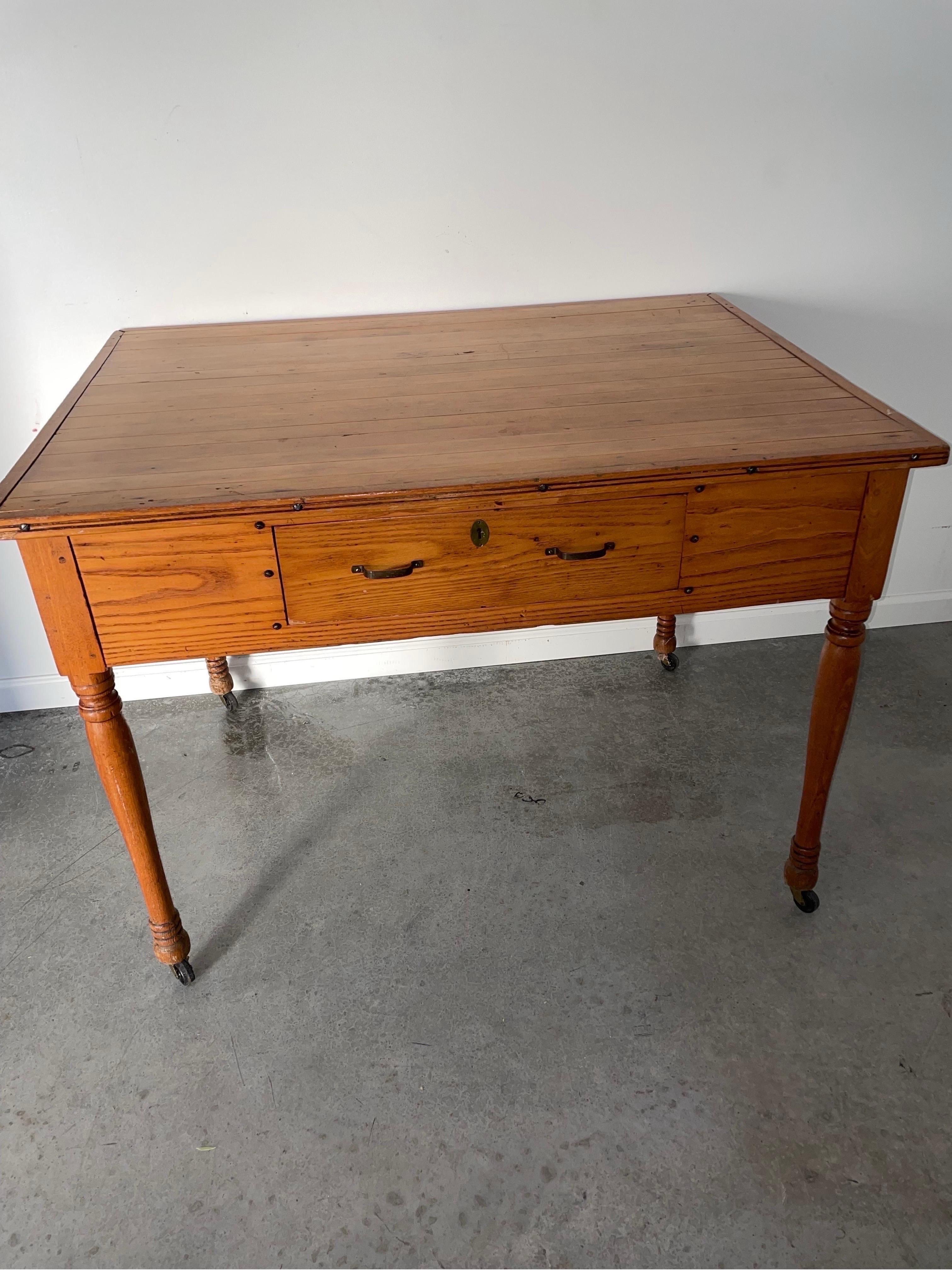 Early 20th Century Vintage Wood Farm Work Table Kitchen Island With Butcher Bloc For Sale 4