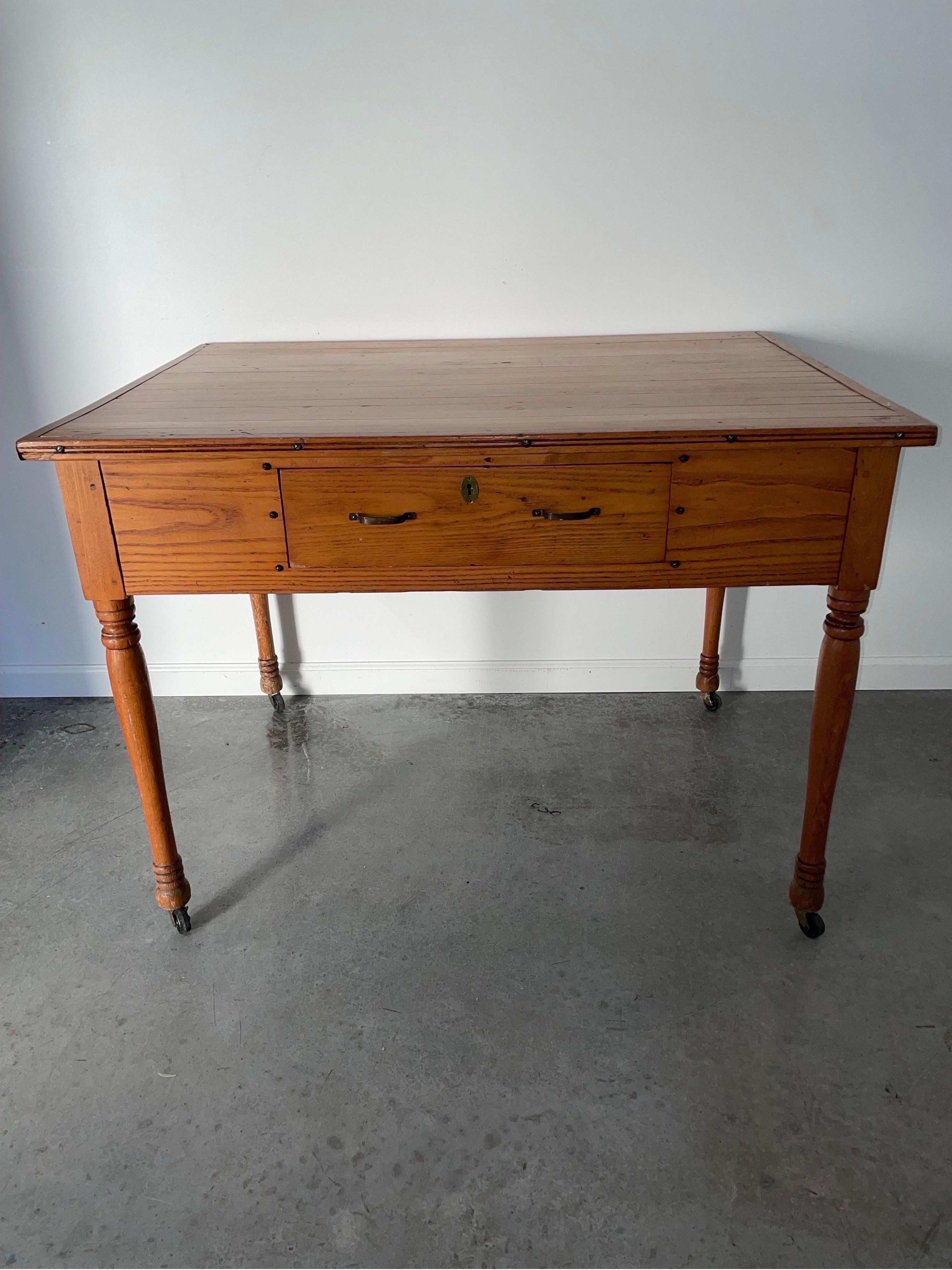 Early 20th Century Vintage Wood Farm Work Table Kitchen Island With Butcher Bloc For Sale 5