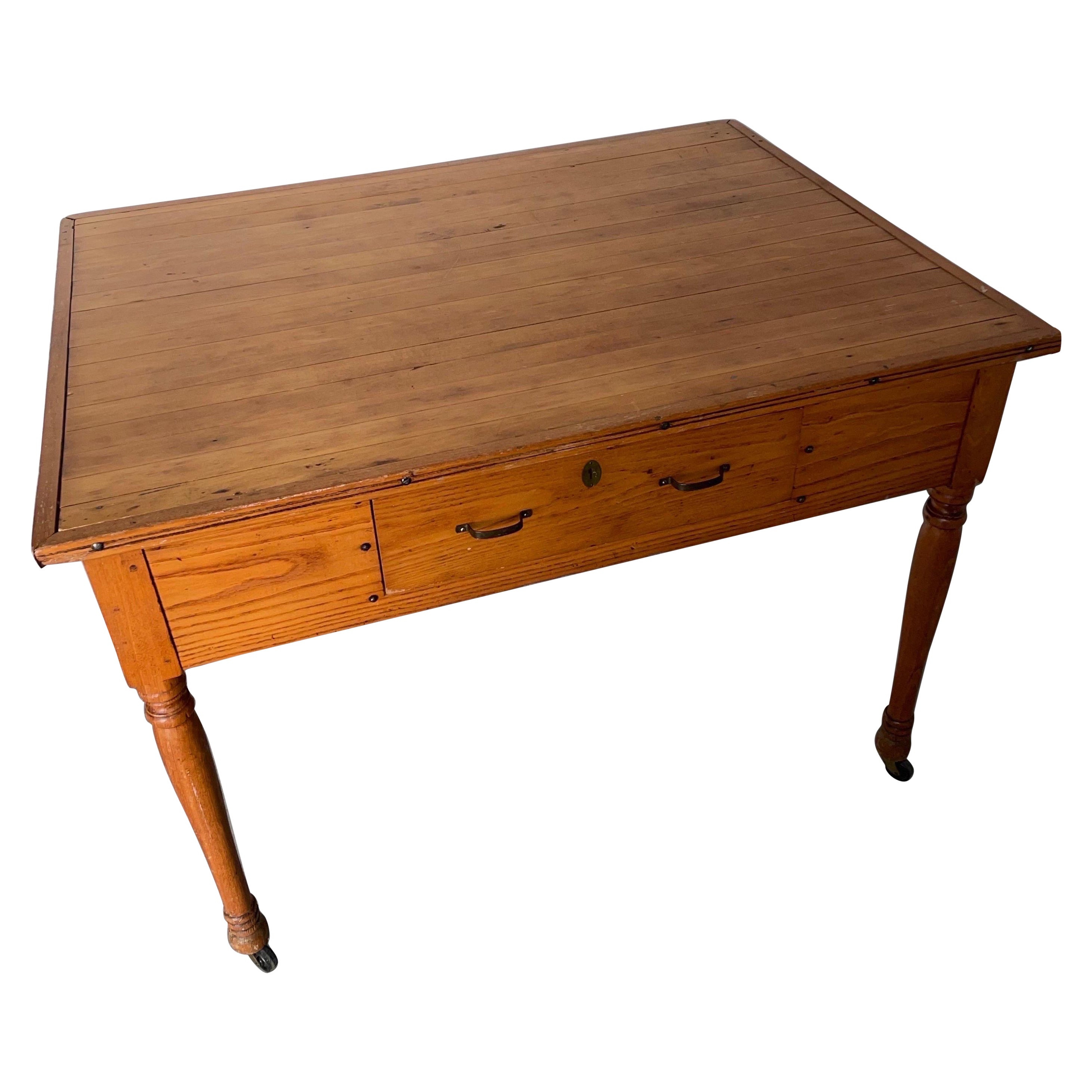 Early 20th Century Vintage Wood Farm Work Table Kitchen Island With Butcher Bloc