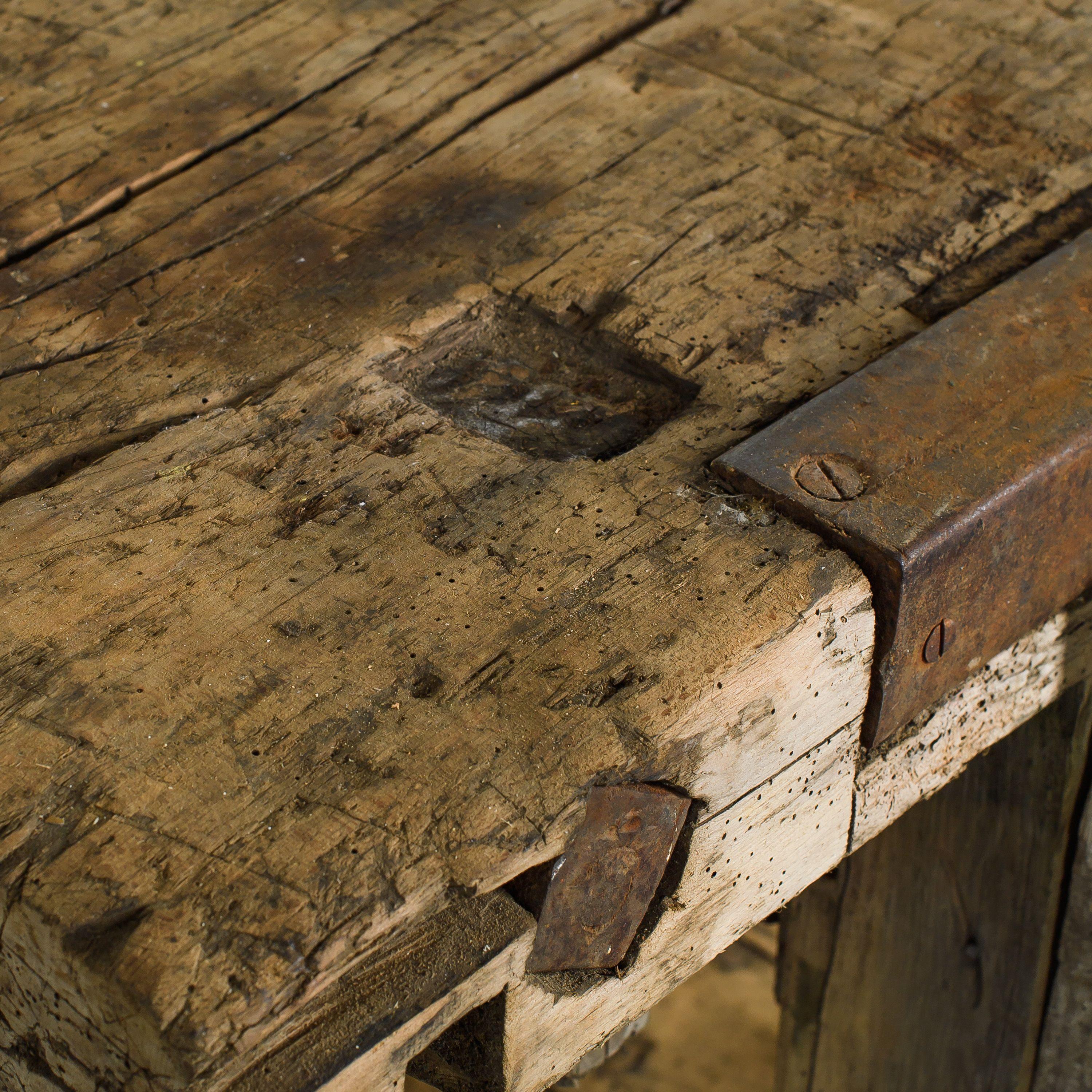 Early 20th Century Vintage Wood Workbench Counter In Distressed Condition In Fullerton, CA