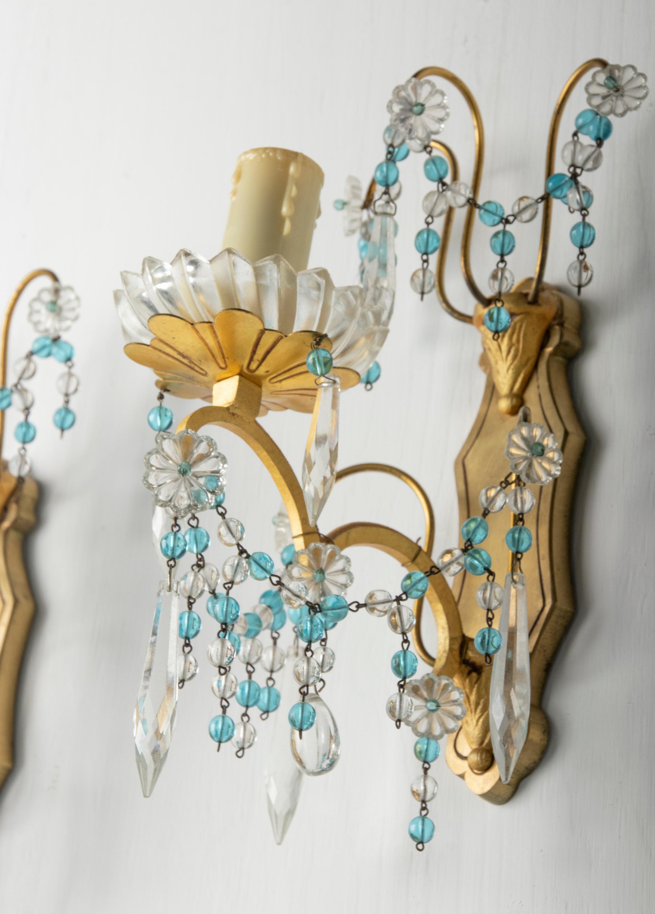 Neoclassical Early 20th Century, Wall Lights / Sconces Blue Glass Drops For Sale