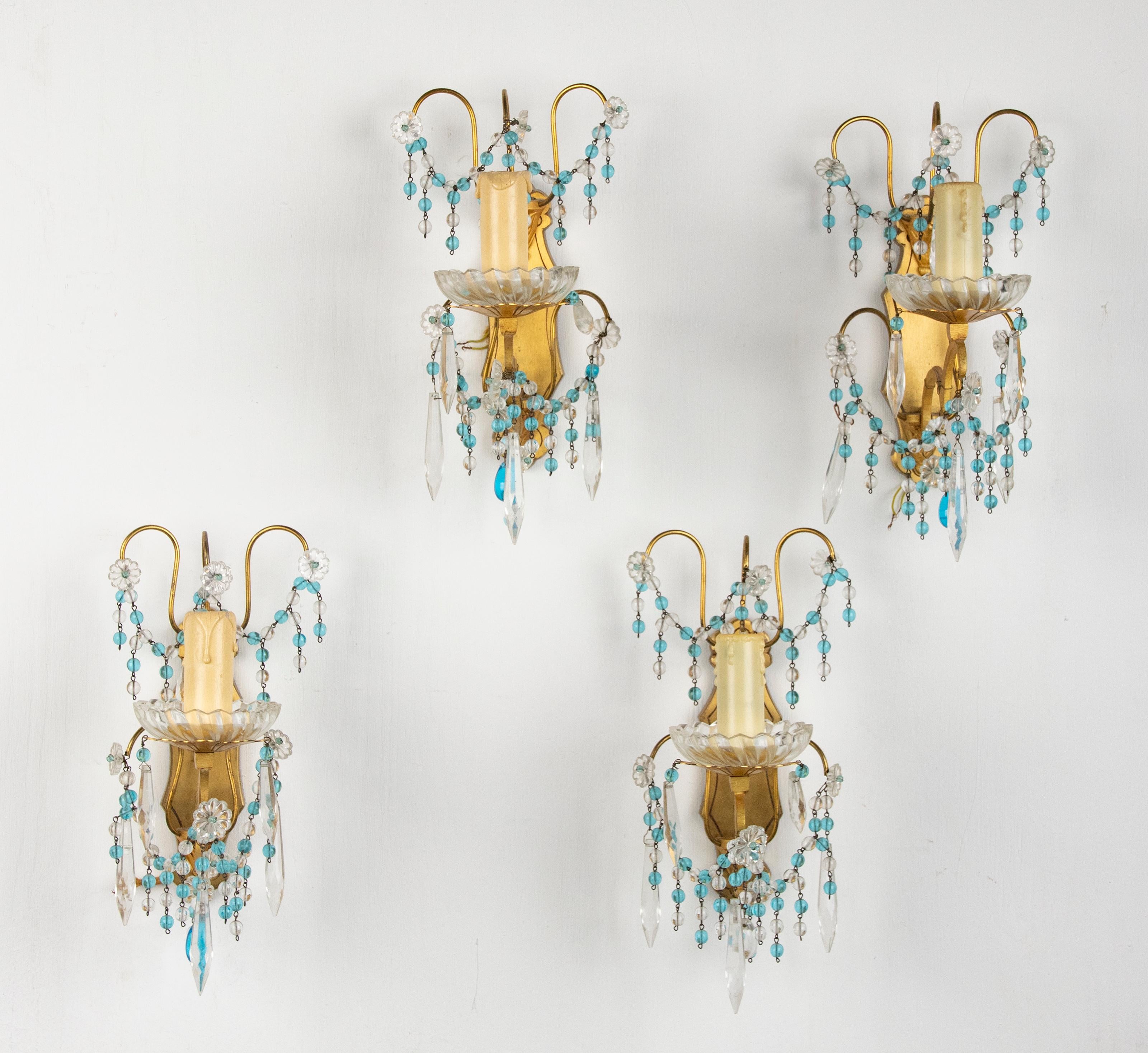 Italian Early 20th Century, Wall Lights / Sconces Blue Glass Drops For Sale