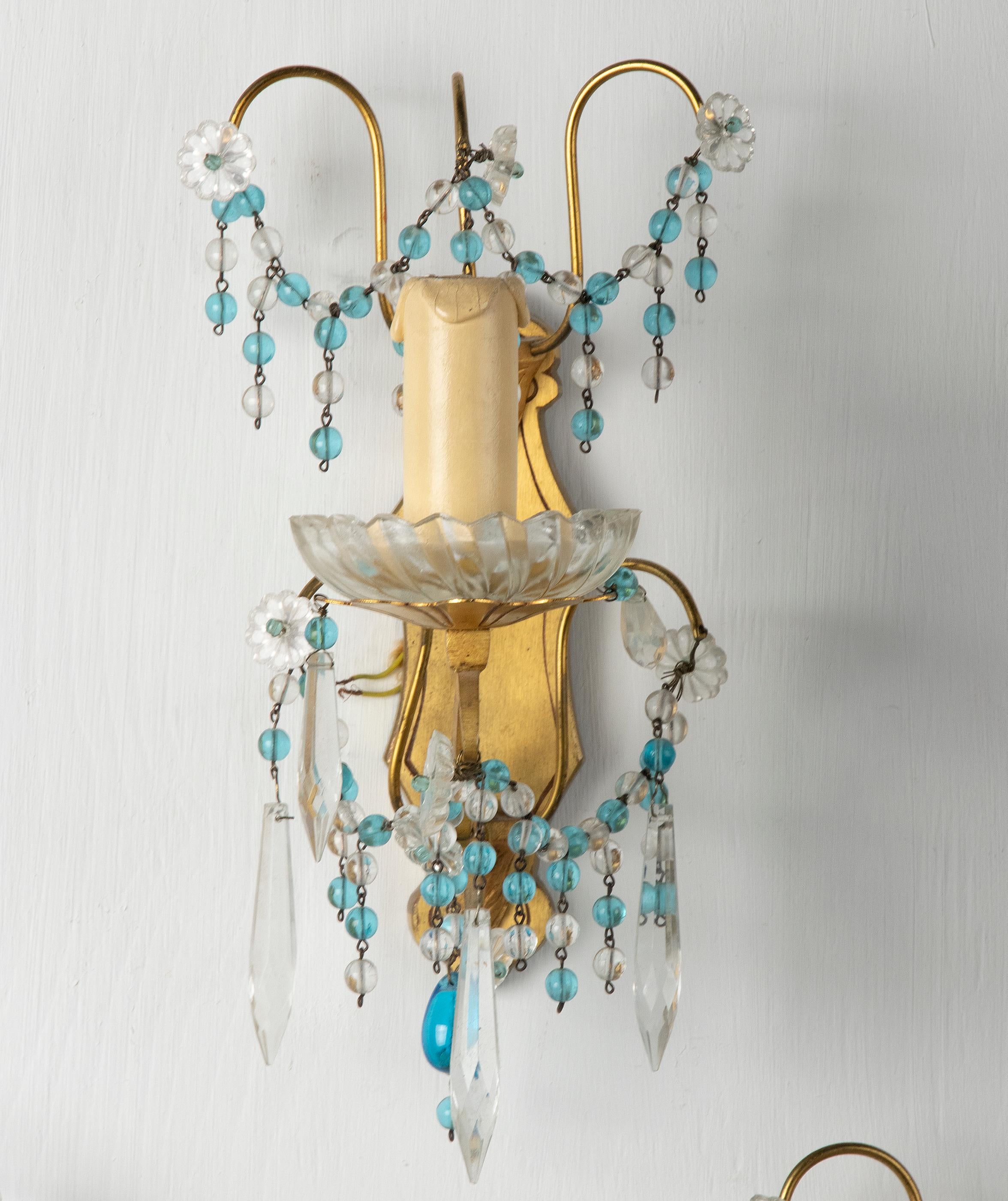 Early 20th Century, Wall Lights / Sconces Blue Glass Drops In Good Condition For Sale In Casteren, Noord-Brabant