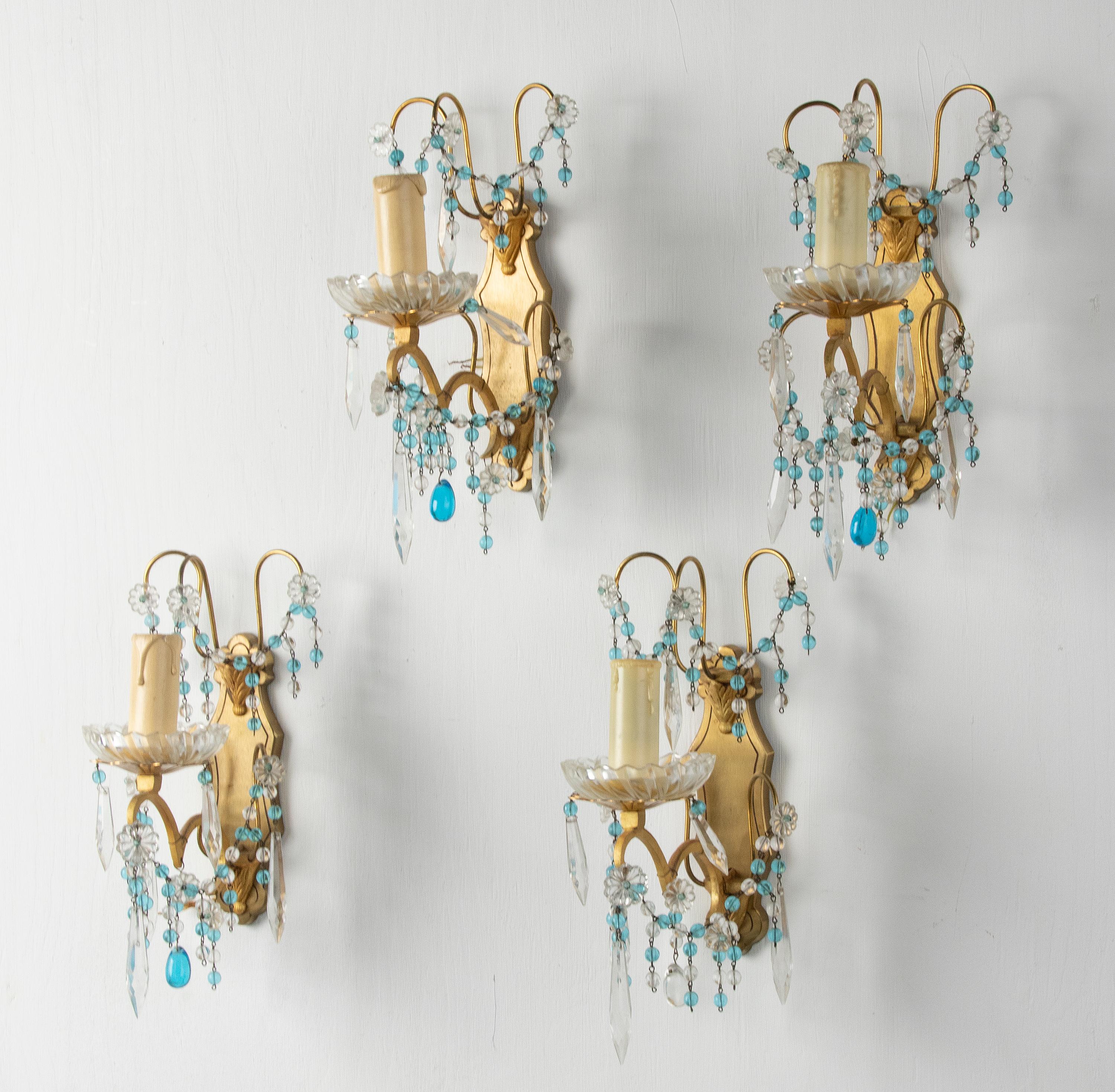 Brass Early 20th Century, Wall Lights / Sconces Blue Glass Drops For Sale