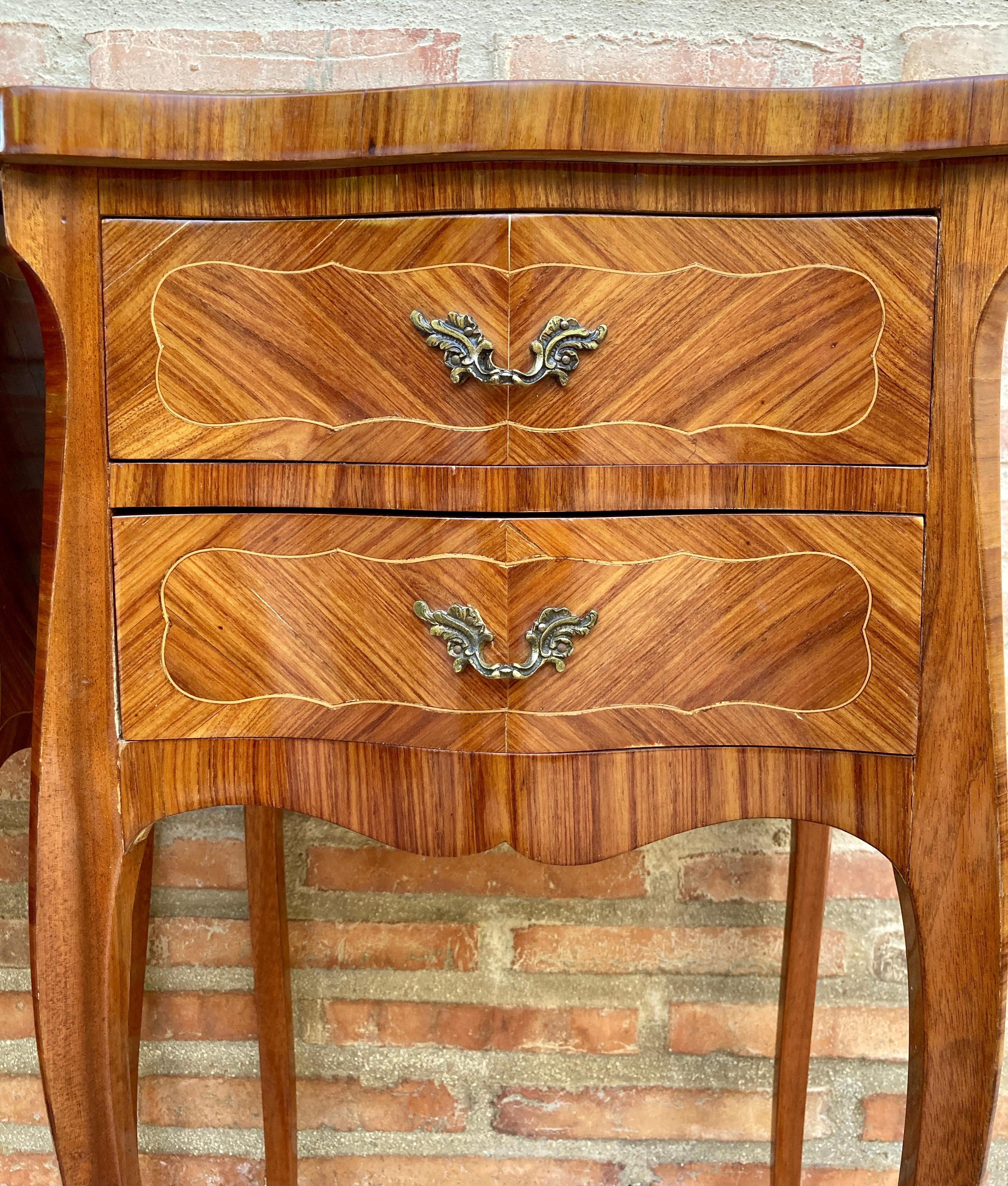 French Early 20th Century Walnut and Bronze Varnished Nightstands, France, 1920s, Set O