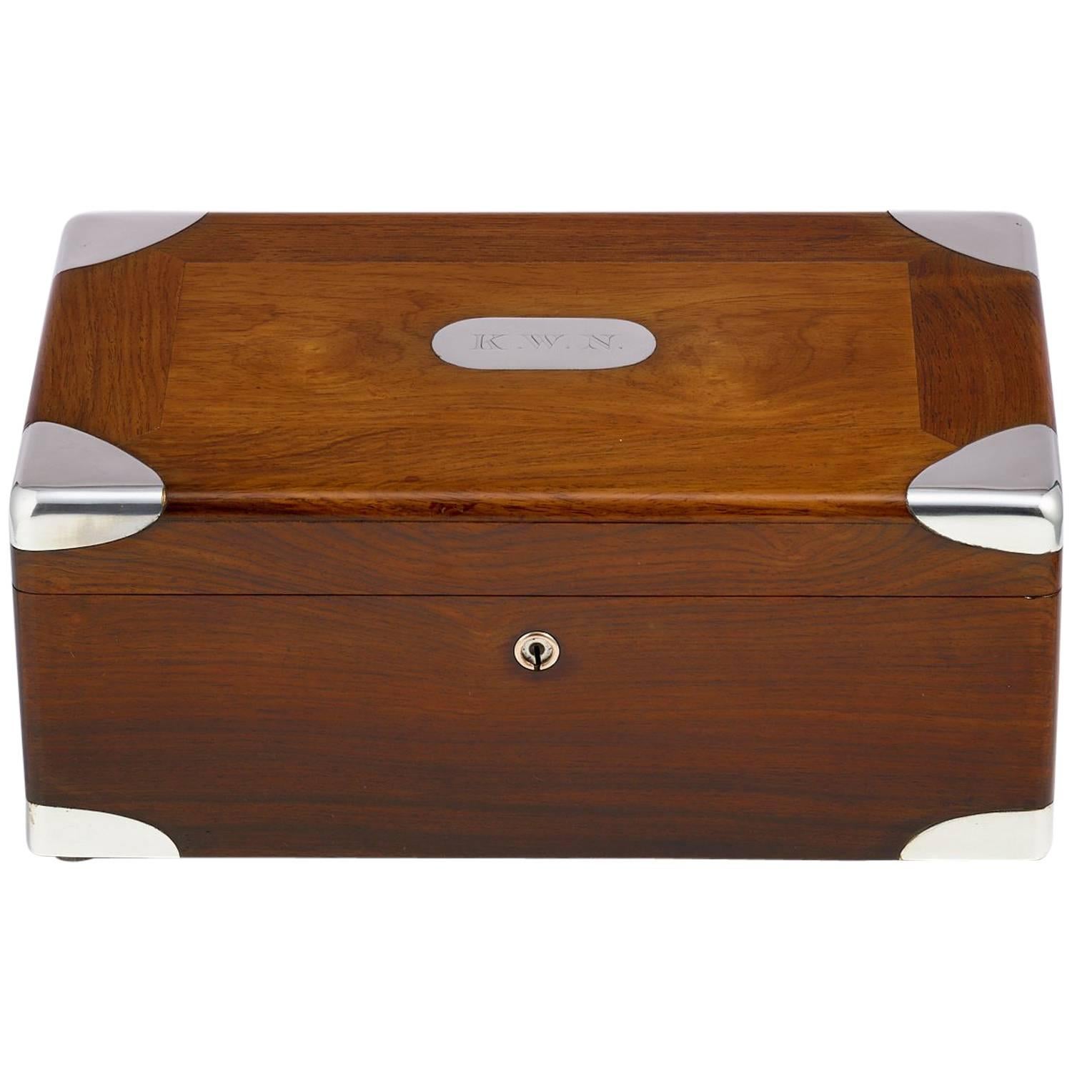 Early 20th Century Walnut Cigar Humidor, circa 1900 with Sterling Silver Corners For Sale