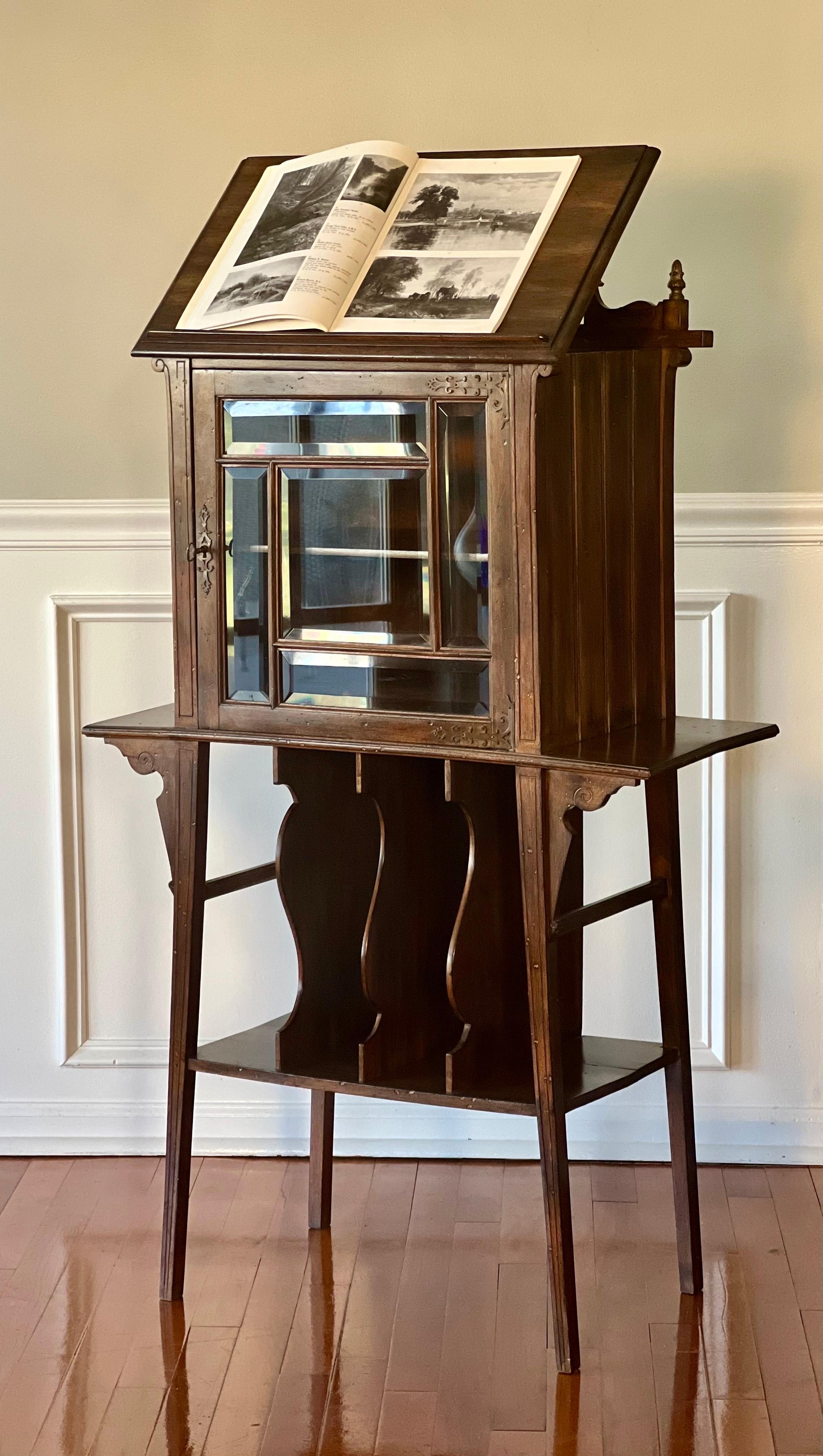 Beveled Early 20th Century Walnut Music Canterbury Cabinet with Stand For Sale