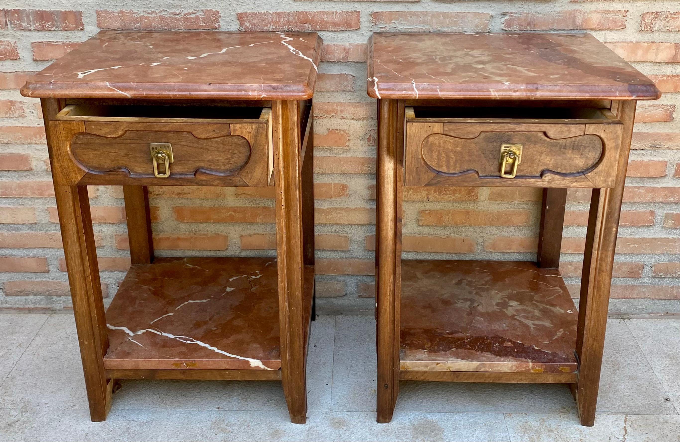Early 20th Century Walnut Nightstands with Marble, 1940s, Set of 2 5