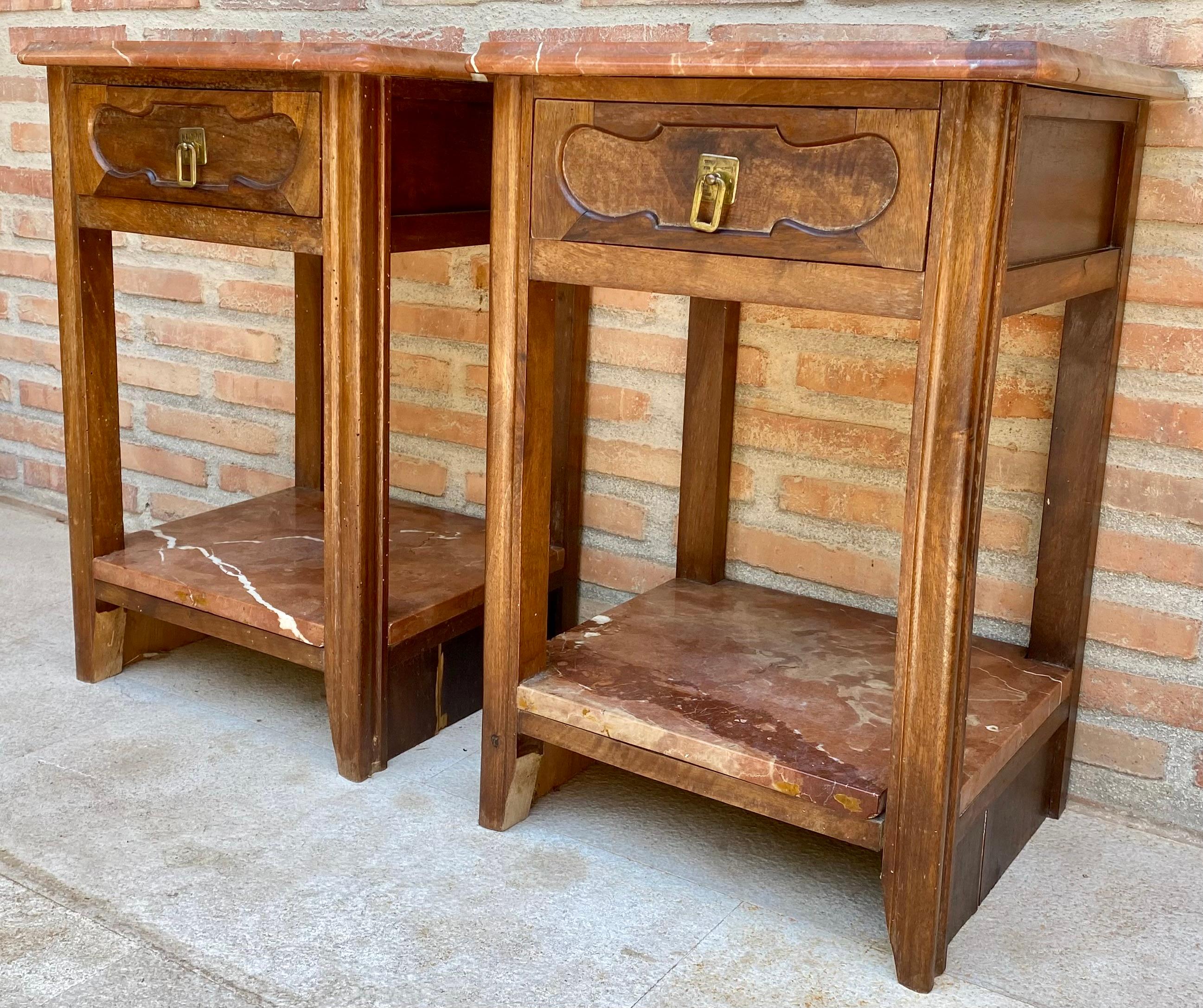 Early 20th Century Walnut Nightstands with Marble, 1940s, Set of 2 For Sale 6