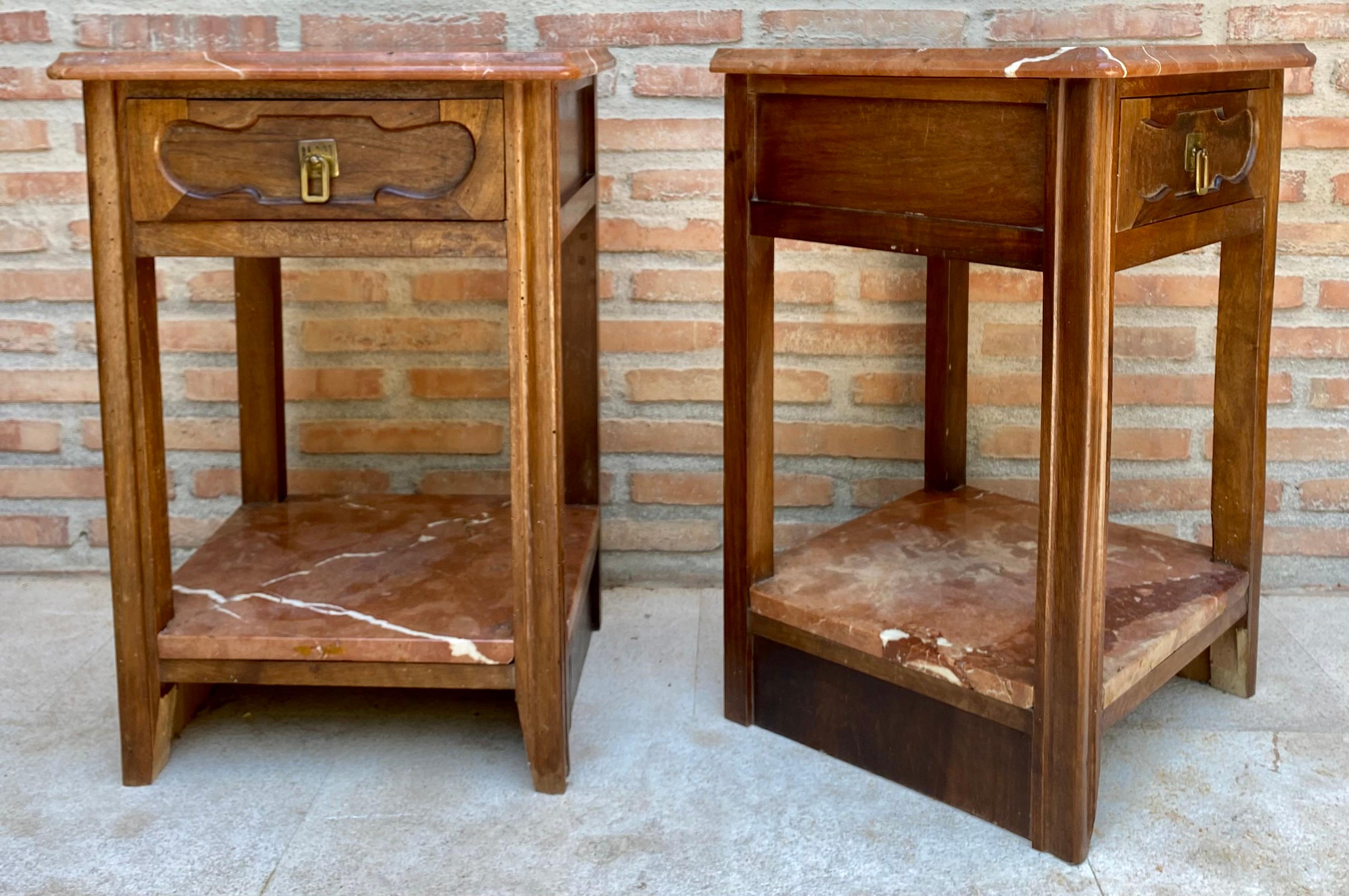 Early 20th Century Walnut Nightstands with Marble, 1940s, Set of 2 7