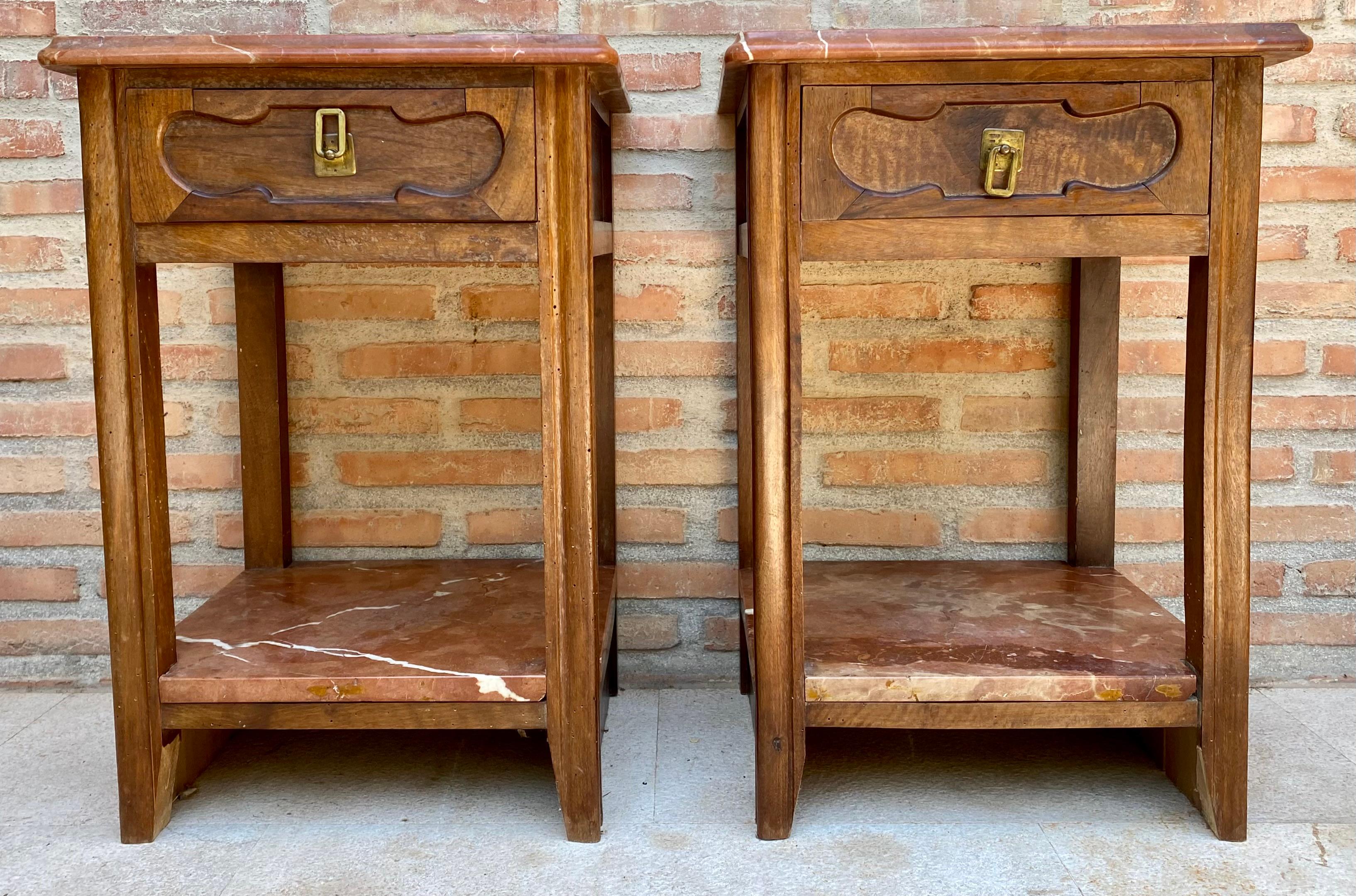 Art Nouveau Early 20th Century Walnut Nightstands with Marble, 1940s, Set of 2 For Sale