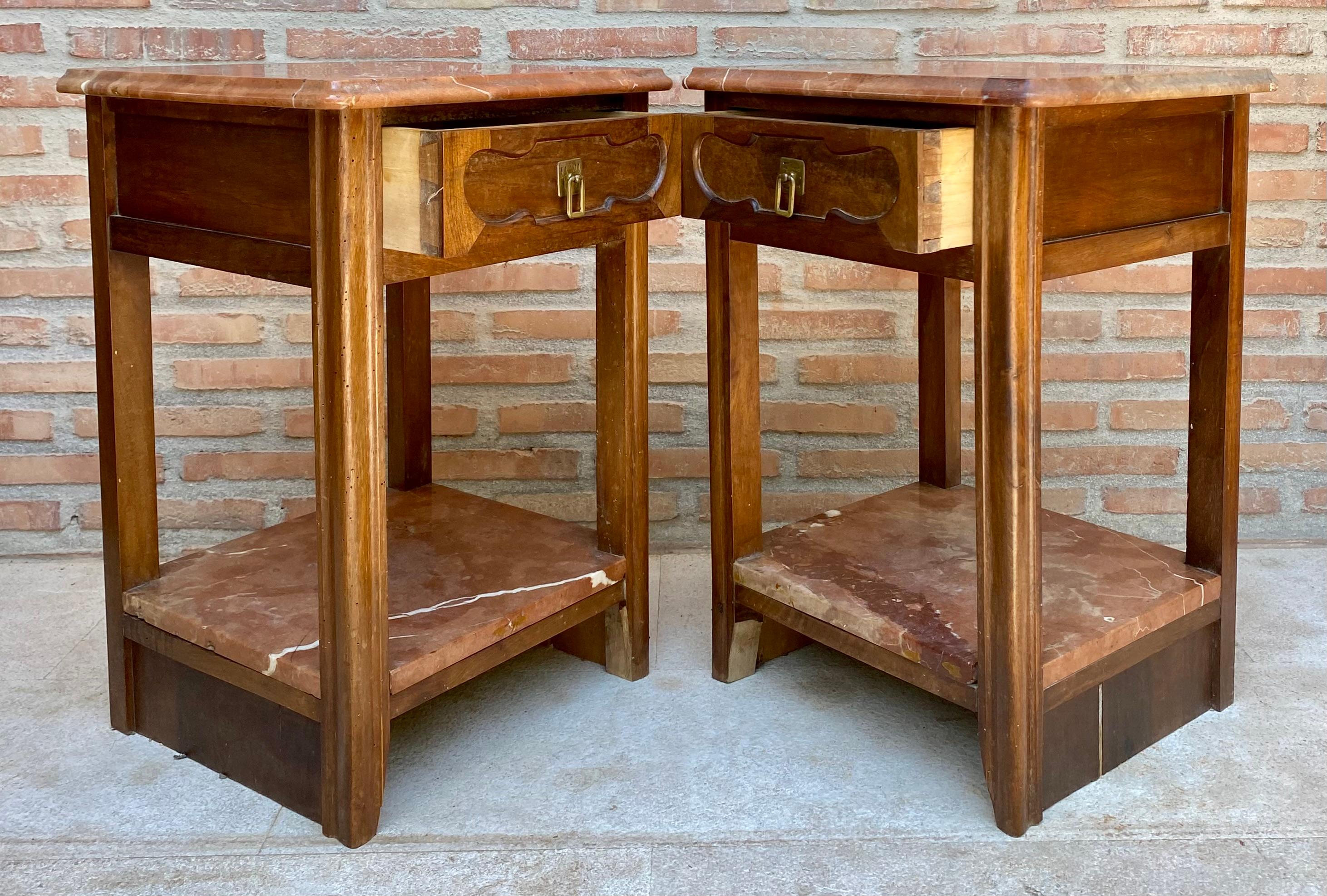 French Early 20th Century Walnut Nightstands with Marble, 1940s, Set of 2