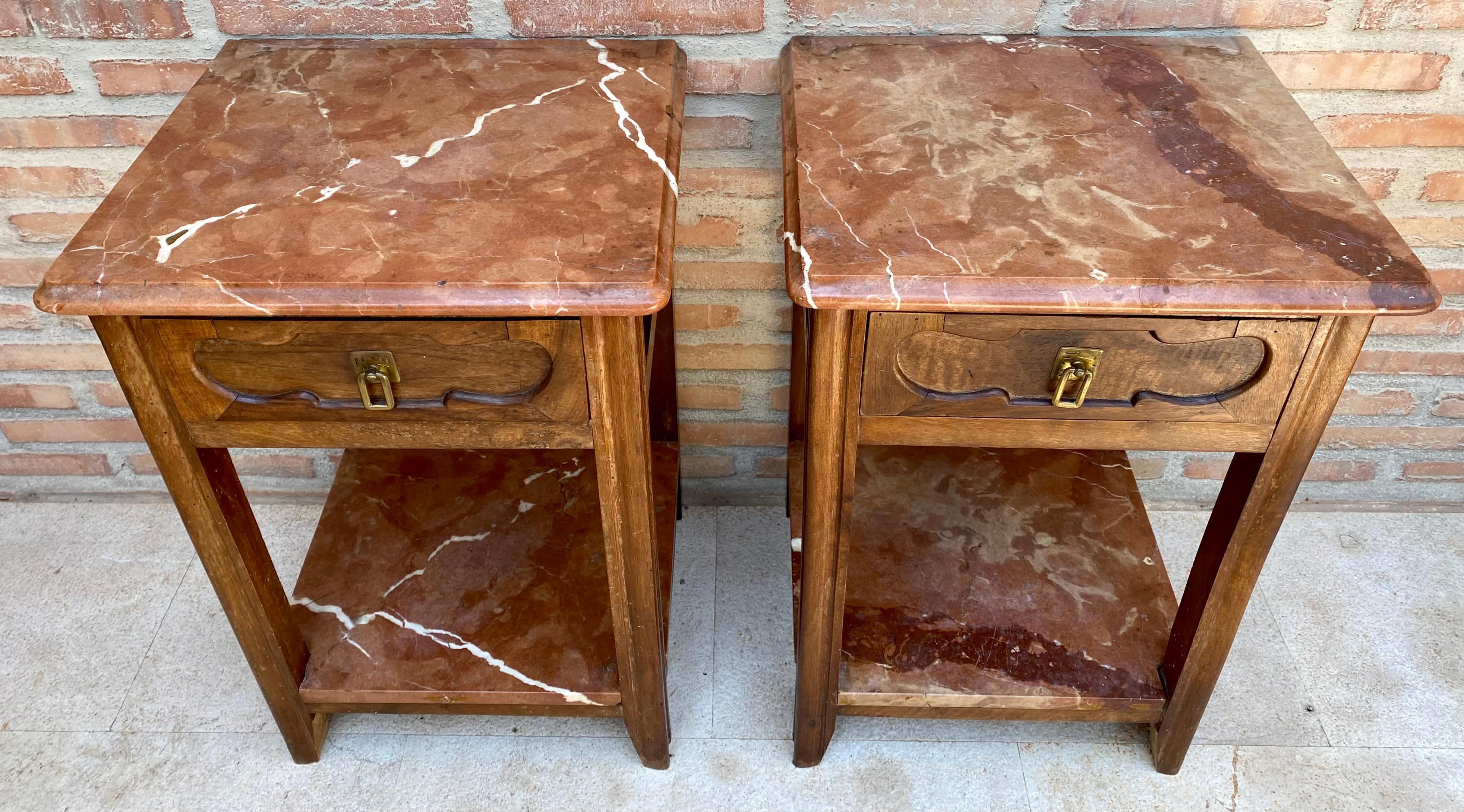 Early 20th Century Walnut Nightstands with Marble, 1940s, Set of 2 In Good Condition For Sale In Miami, FL