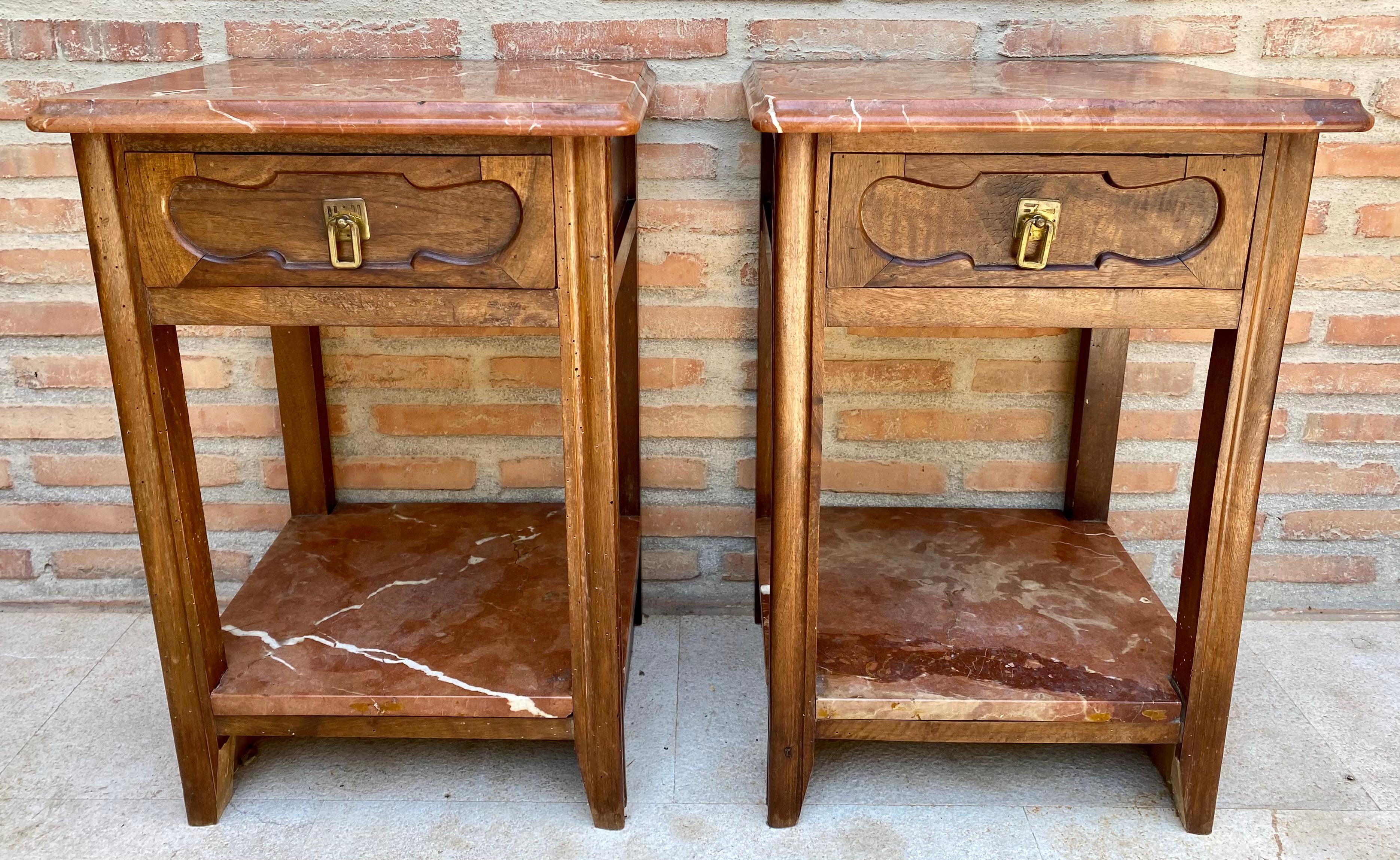 Early 20th Century Walnut Nightstands with Marble, 1940s, Set of 2 For Sale 1