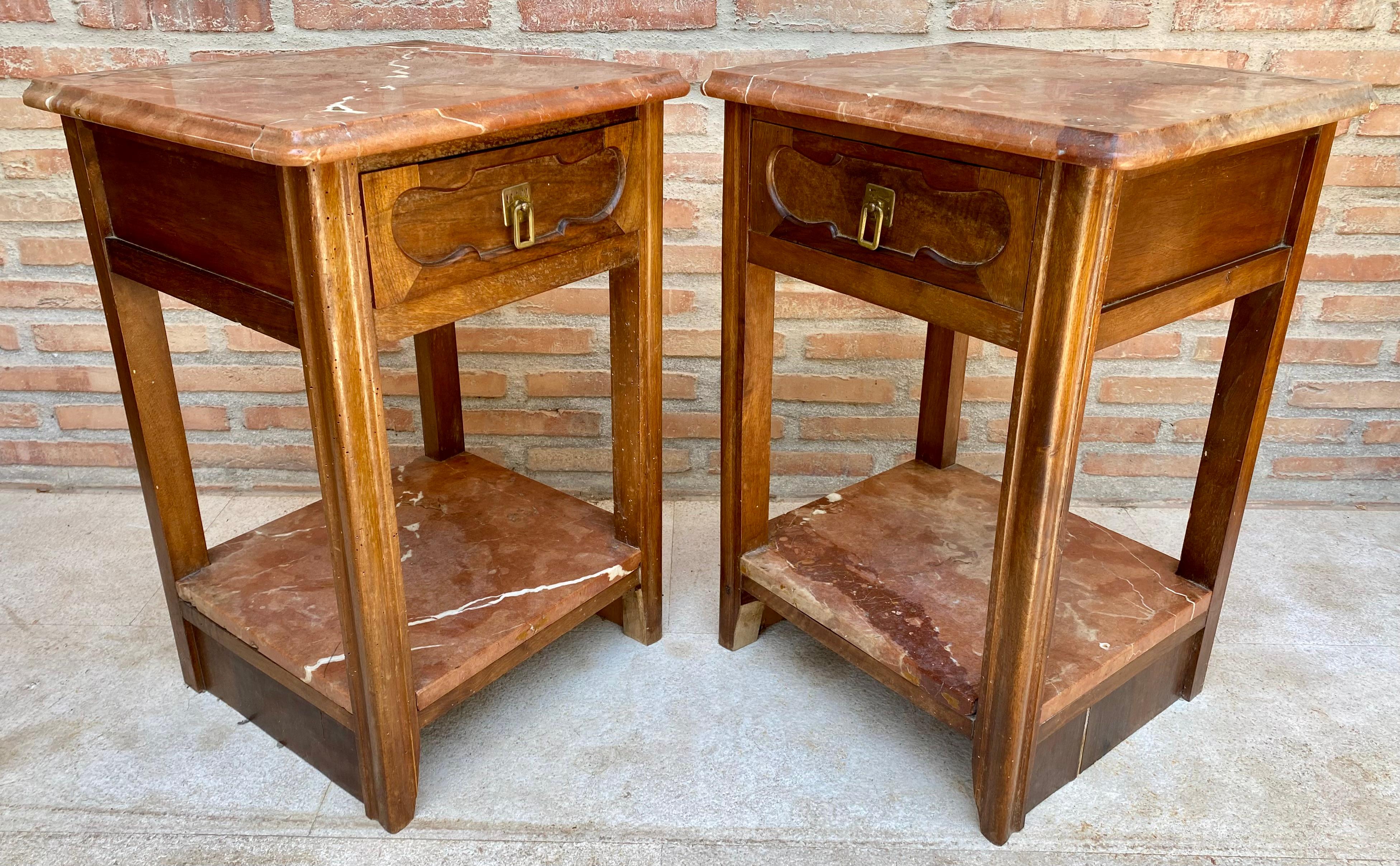 Early 20th Century Walnut Nightstands with Marble, 1940s, Set of 2 2