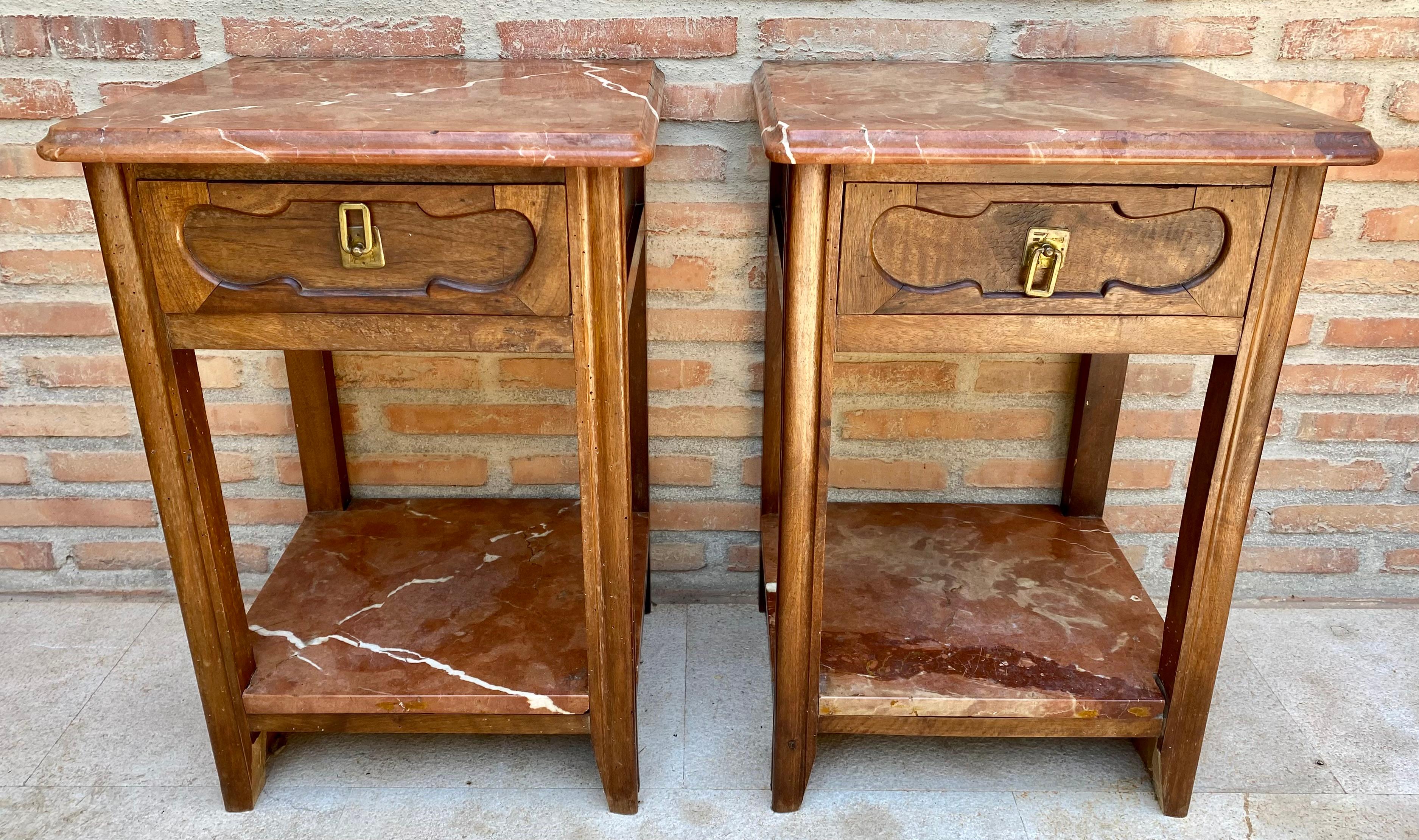 Early 20th Century Walnut Nightstands with Marble, 1940s, Set of 2 3