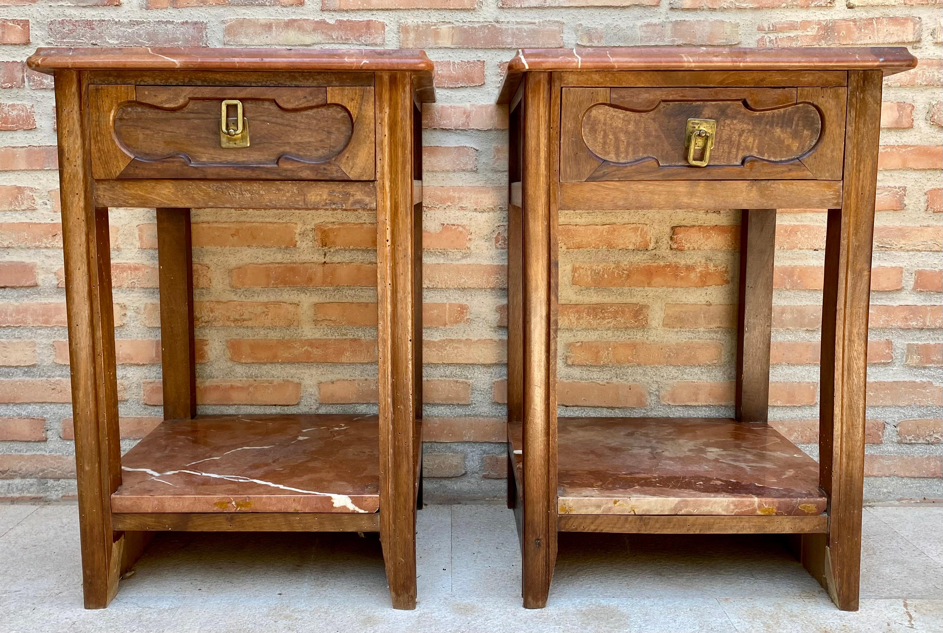 Early 20th Century Walnut Nightstands with Marble, 1940s, Set of 2 For Sale 4