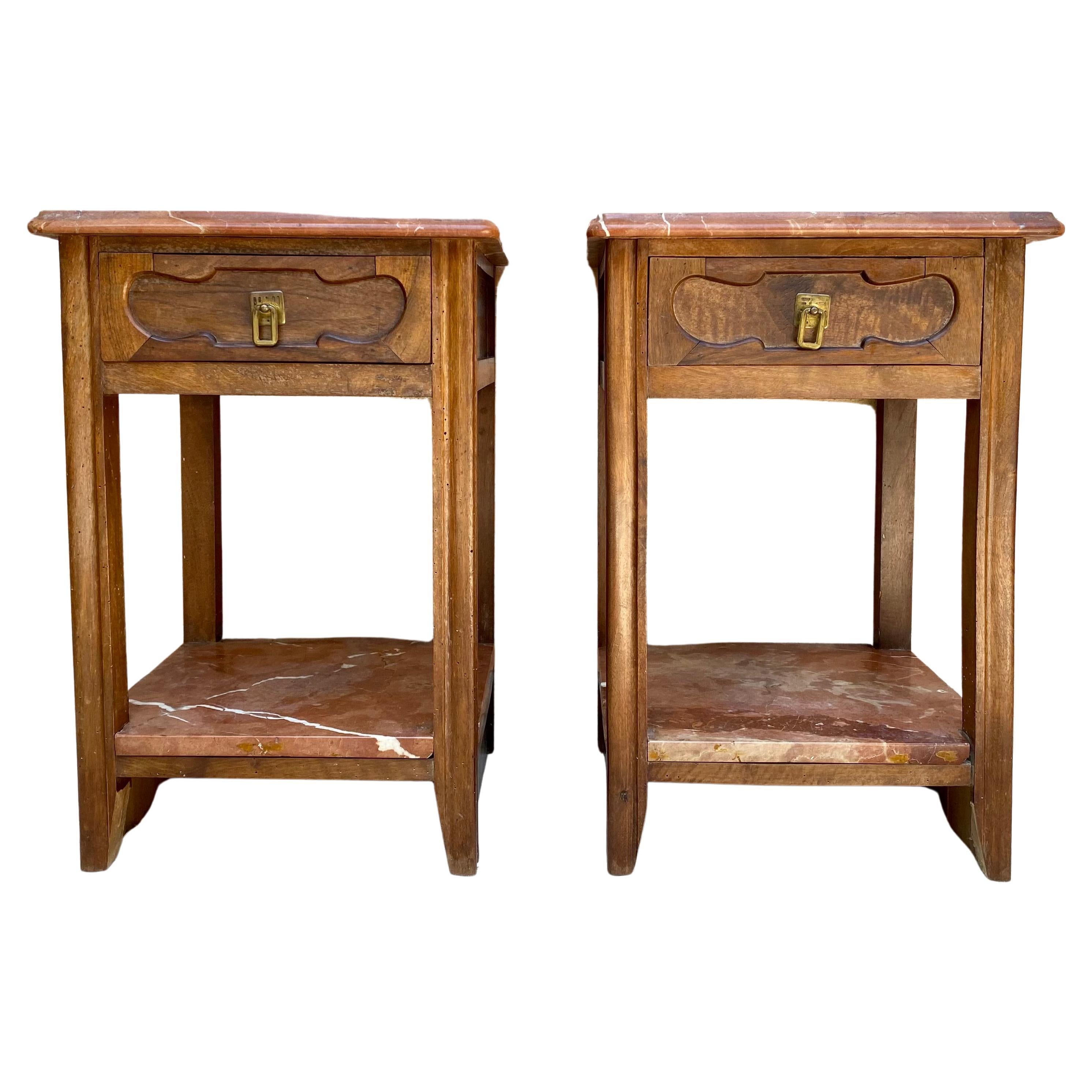 Early 20th Century Walnut Nightstands with Marble, 1940s, Set of 2 For Sale