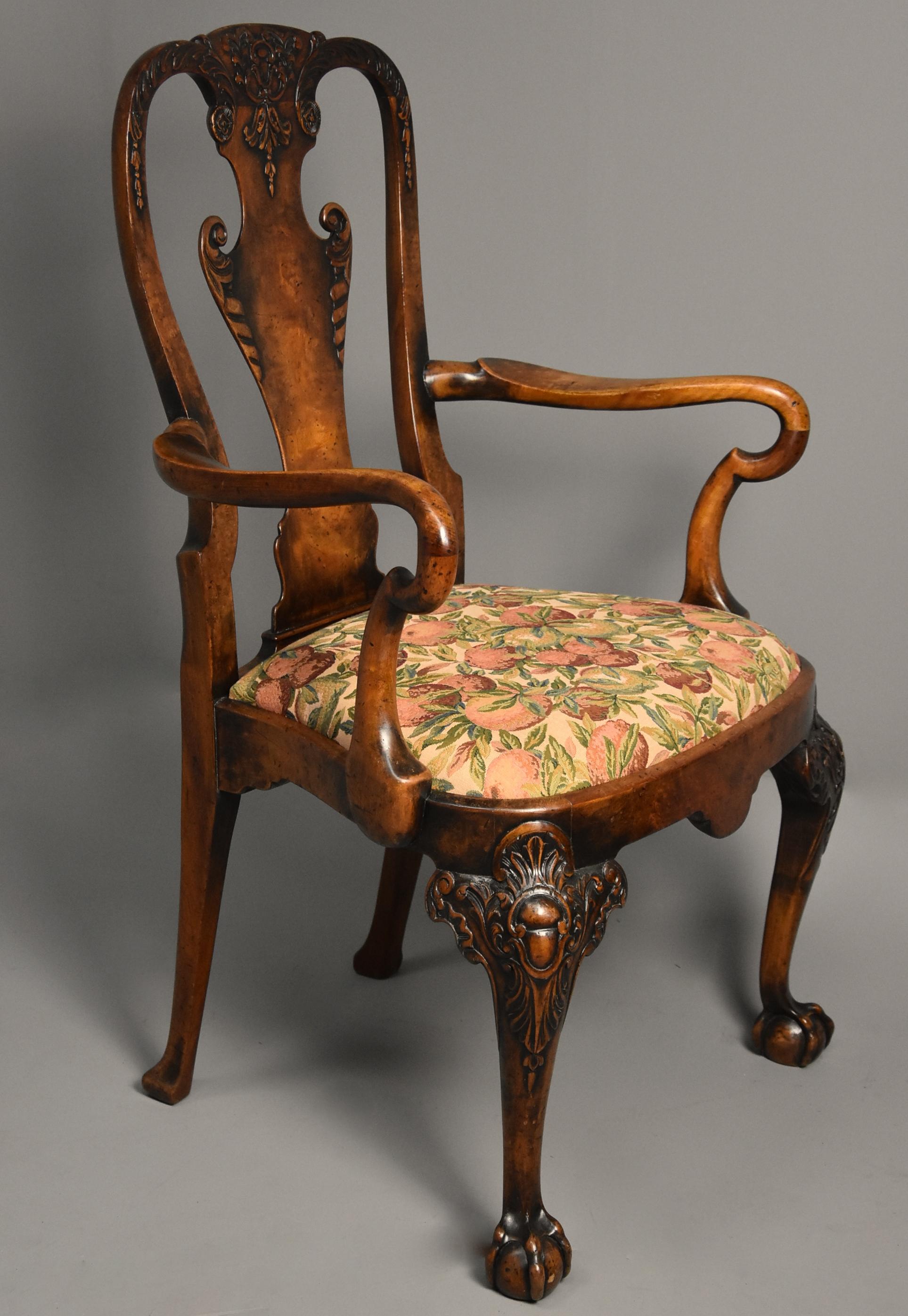 Early 20th Century Walnut Open Armchair in the Queen Ann Style of Fine Patina For Sale 5