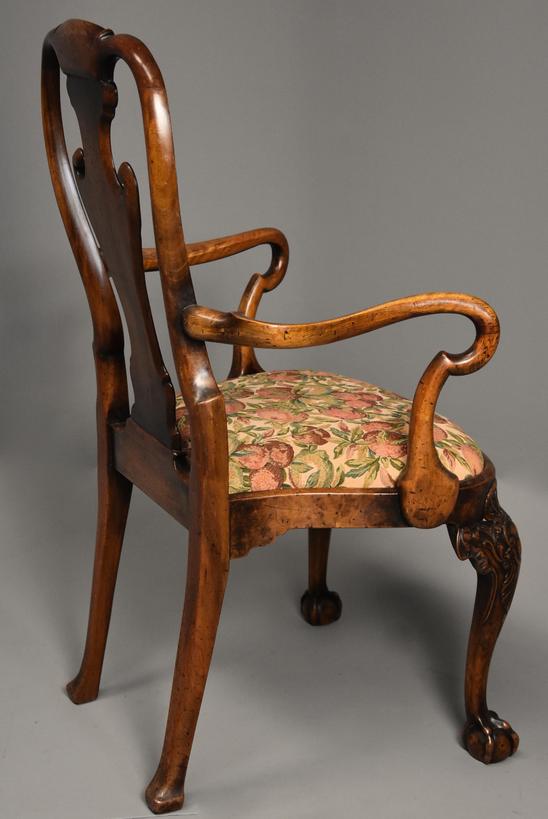 Early 20th Century Walnut Open Armchair in the Queen Ann Style of Fine Patina For Sale 6