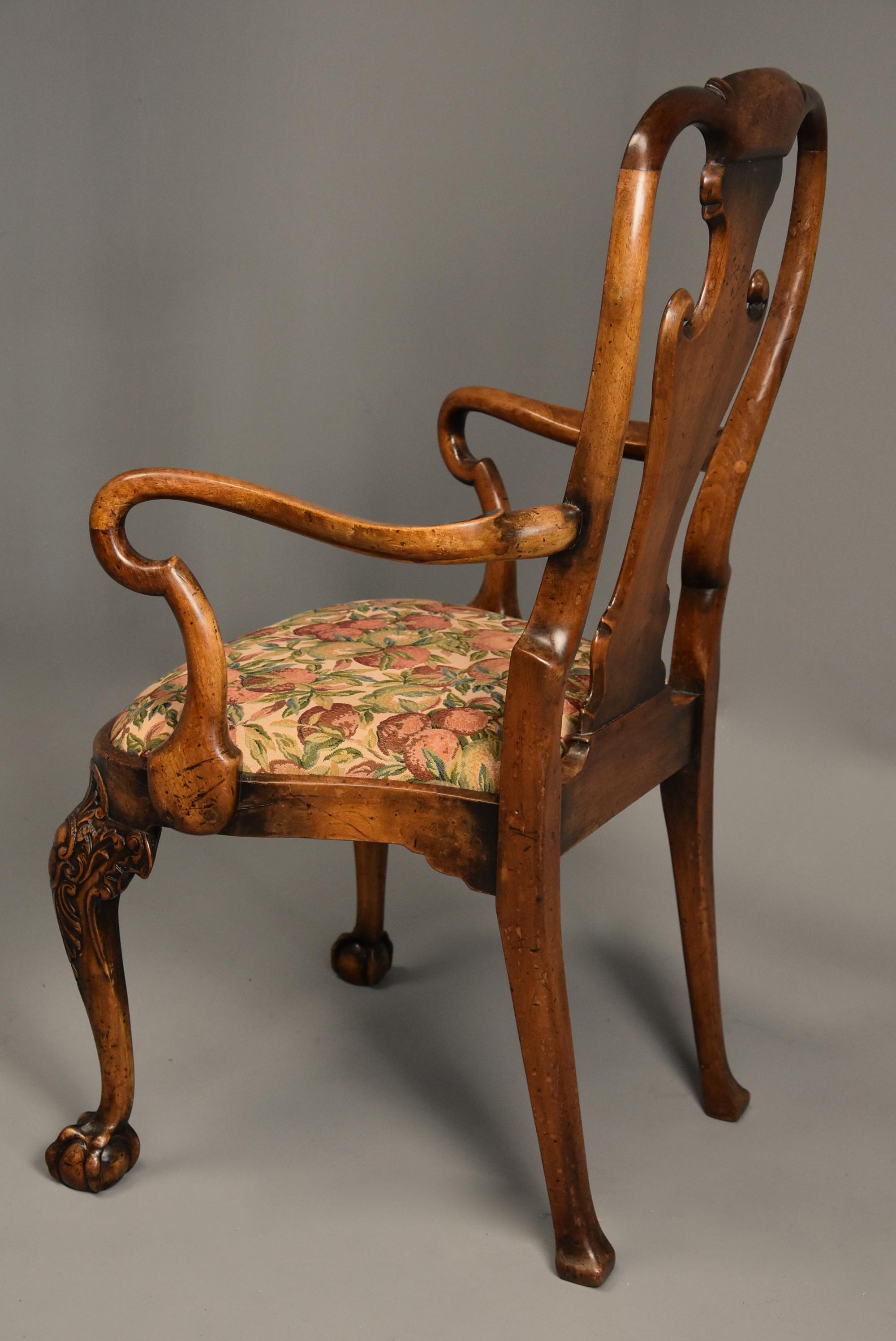 Early 20th Century Walnut Open Armchair in the Queen Ann Style of Fine Patina For Sale 7