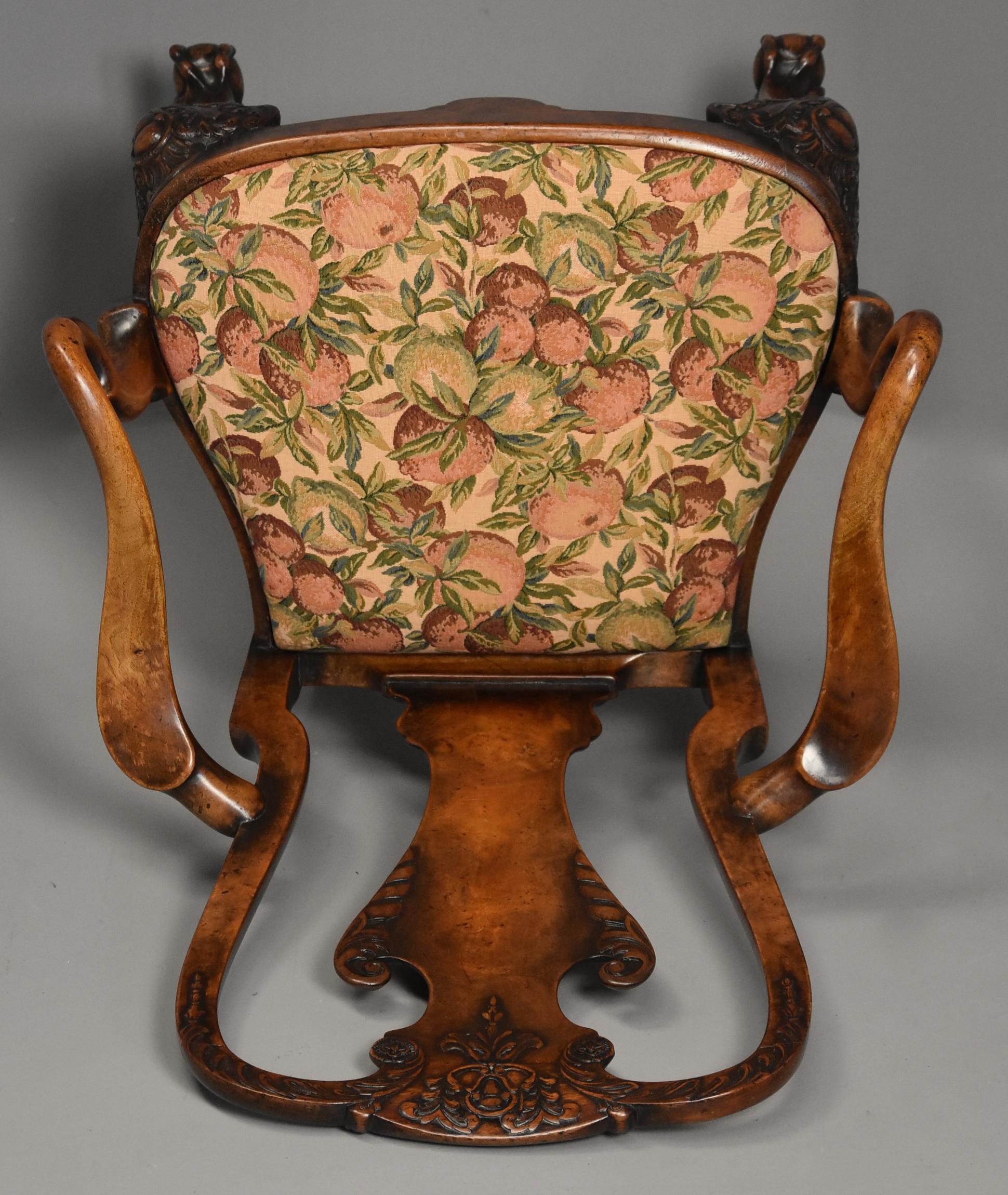 Early 20th Century Walnut Open Armchair in the Queen Ann Style of Fine Patina For Sale 8