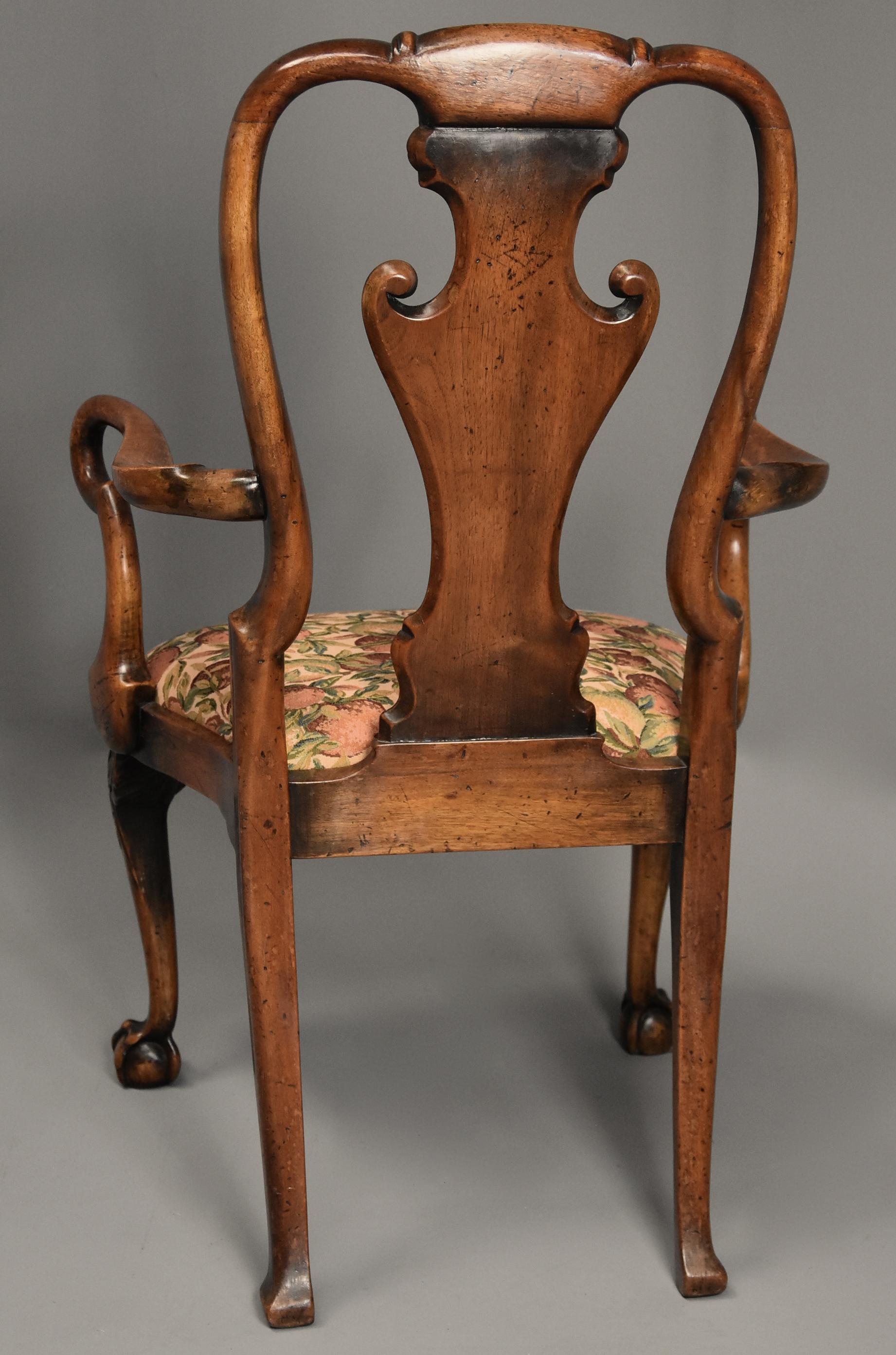 Early 20th Century Walnut Open Armchair in the Queen Ann Style of Fine Patina For Sale 10