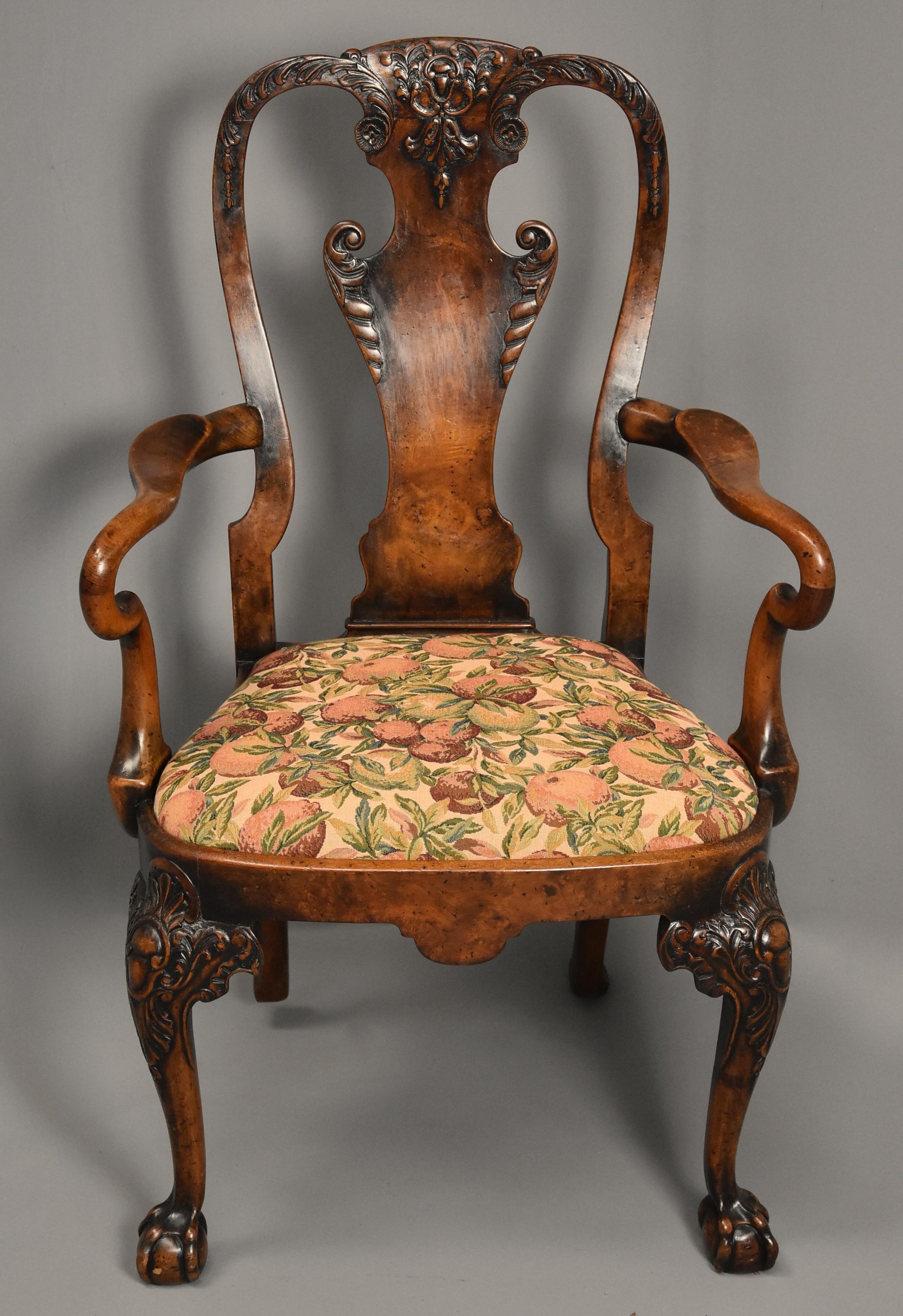 Queen Anne Early 20th Century Walnut Open Armchair in the Queen Ann Style of Fine Patina For Sale