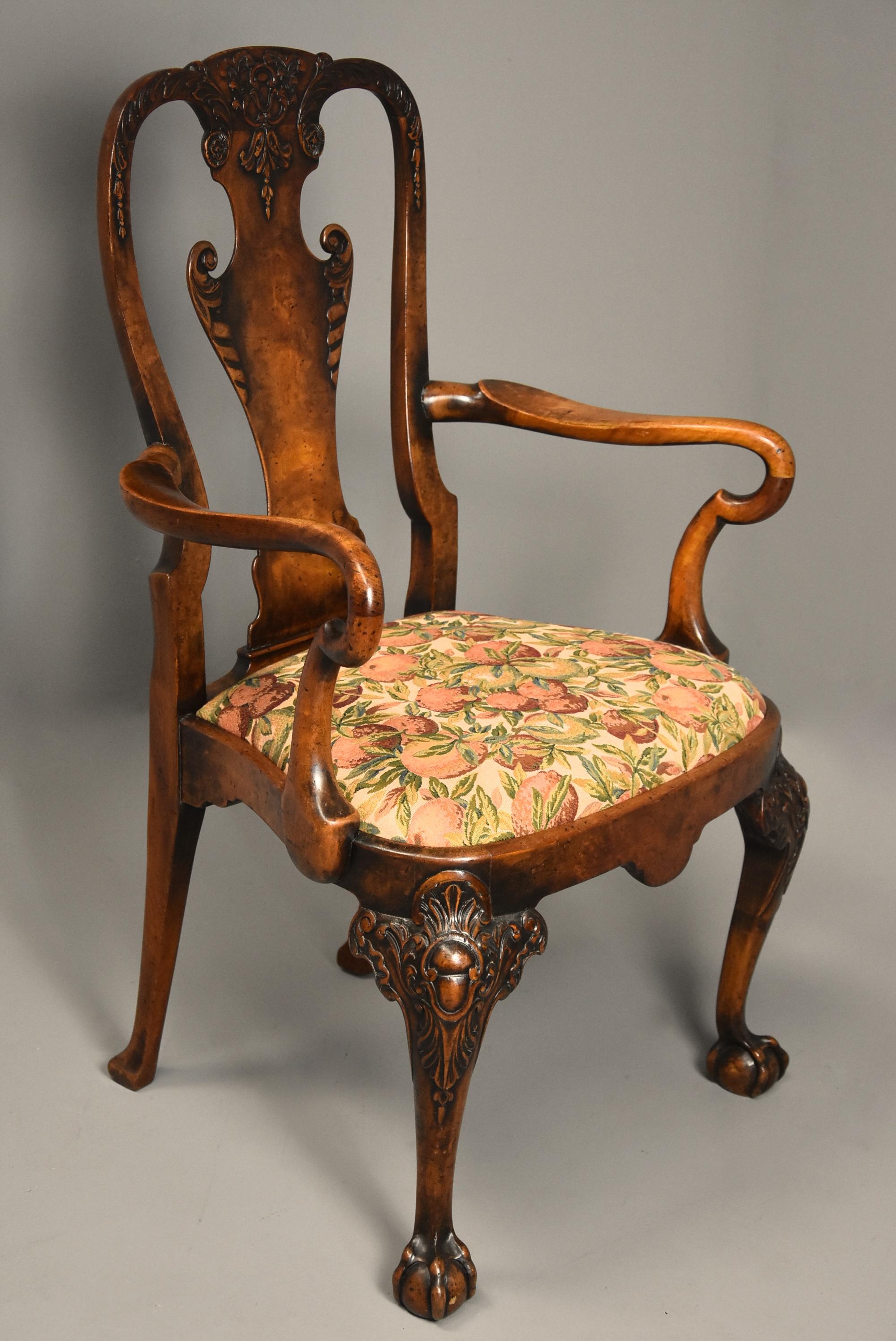 English Early 20th Century Walnut Open Armchair in the Queen Ann Style of Fine Patina For Sale