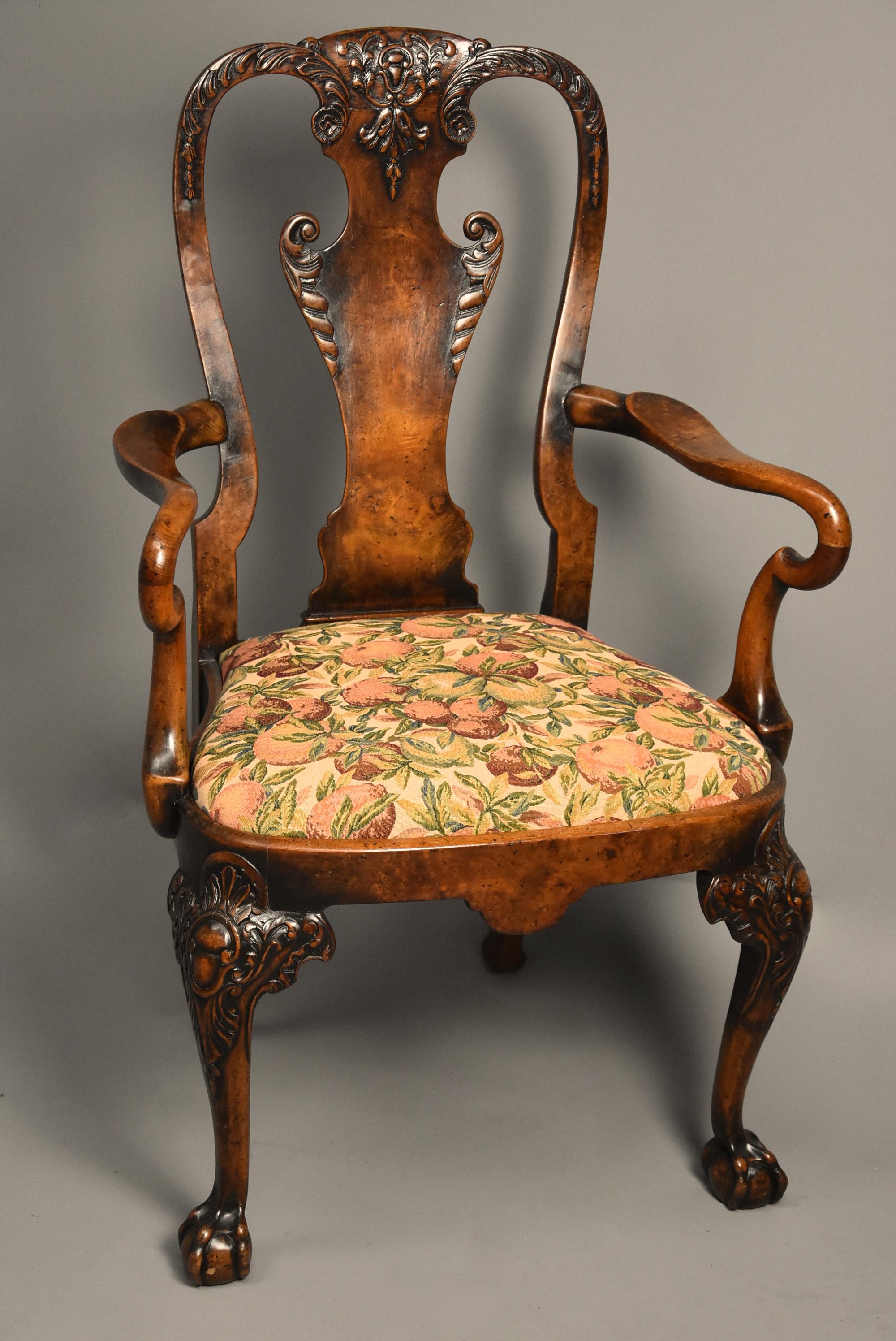 Early 20th Century Walnut Open Armchair in the Queen Ann Style of Fine Patina For Sale 3