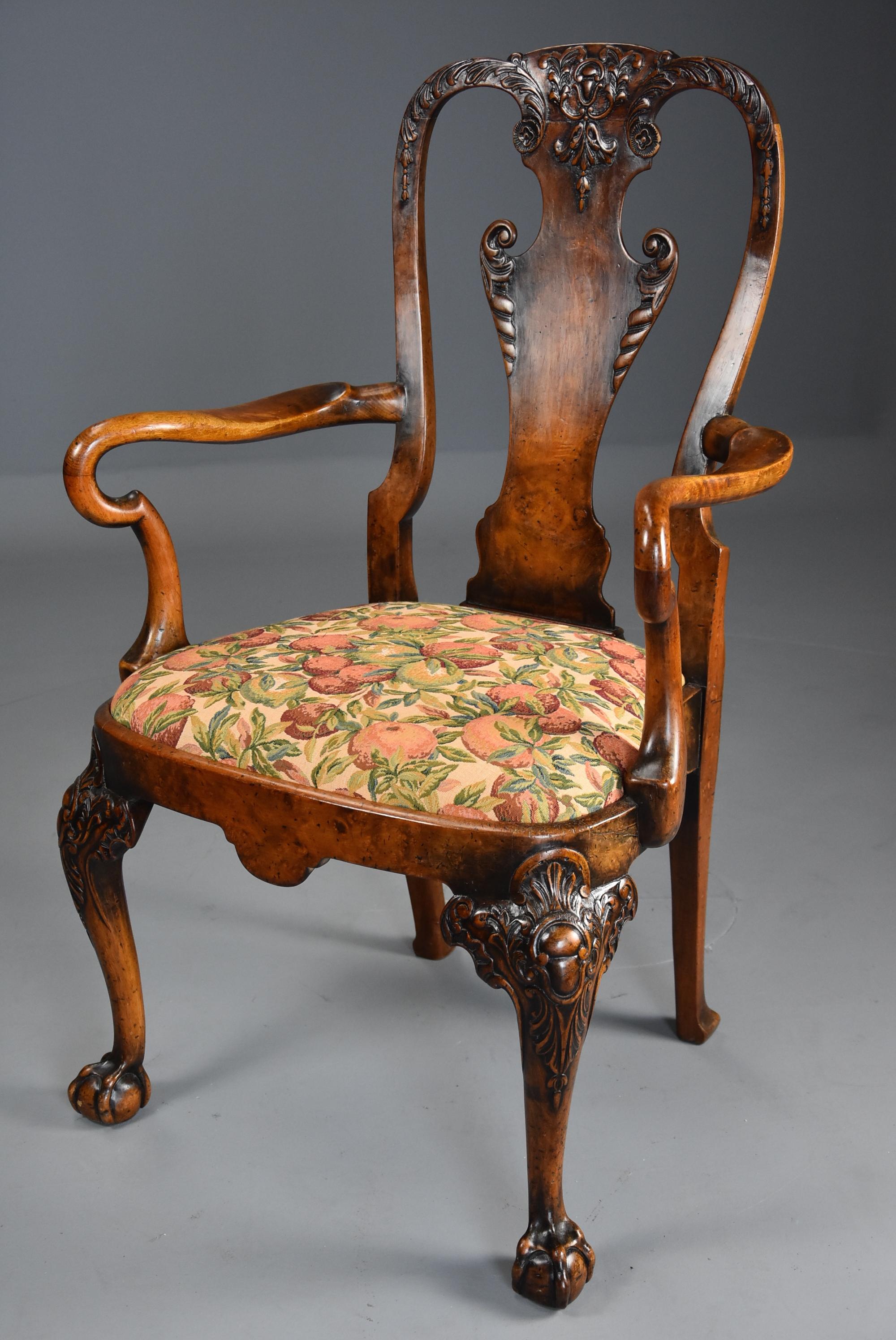 Early 20th Century Walnut Open Armchair in the Queen Ann Style of Fine Patina For Sale 4