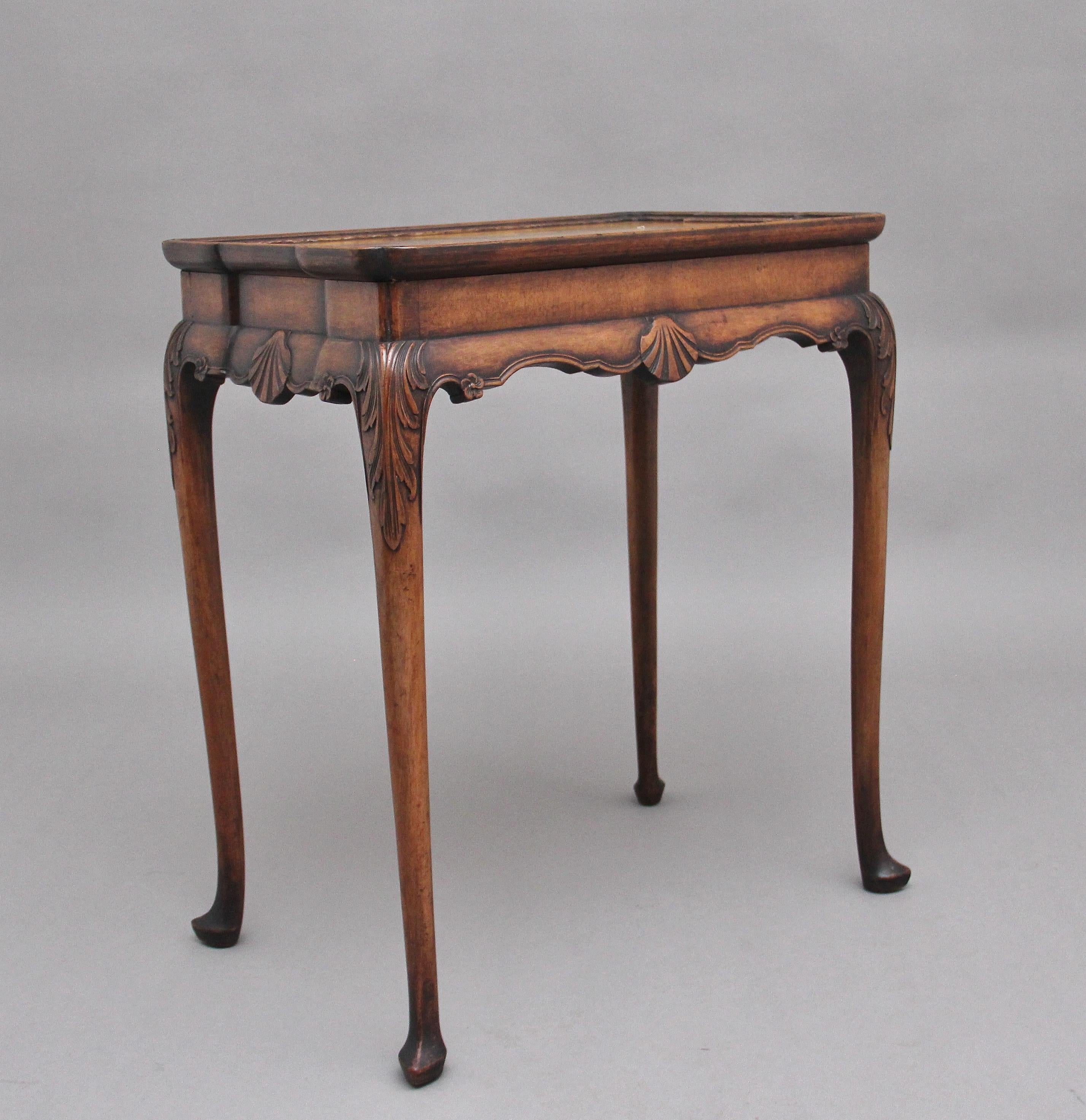 Early 20th century walnut Japanned polychrome decorated Georgian style silver / occasional table, the top with a decorative landscape scene raised on shell hip-carved club legs to pad feet. Circa 1920.