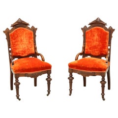 Antique Late 19th Century Walnut Victorian Parlor Chairs - Pair