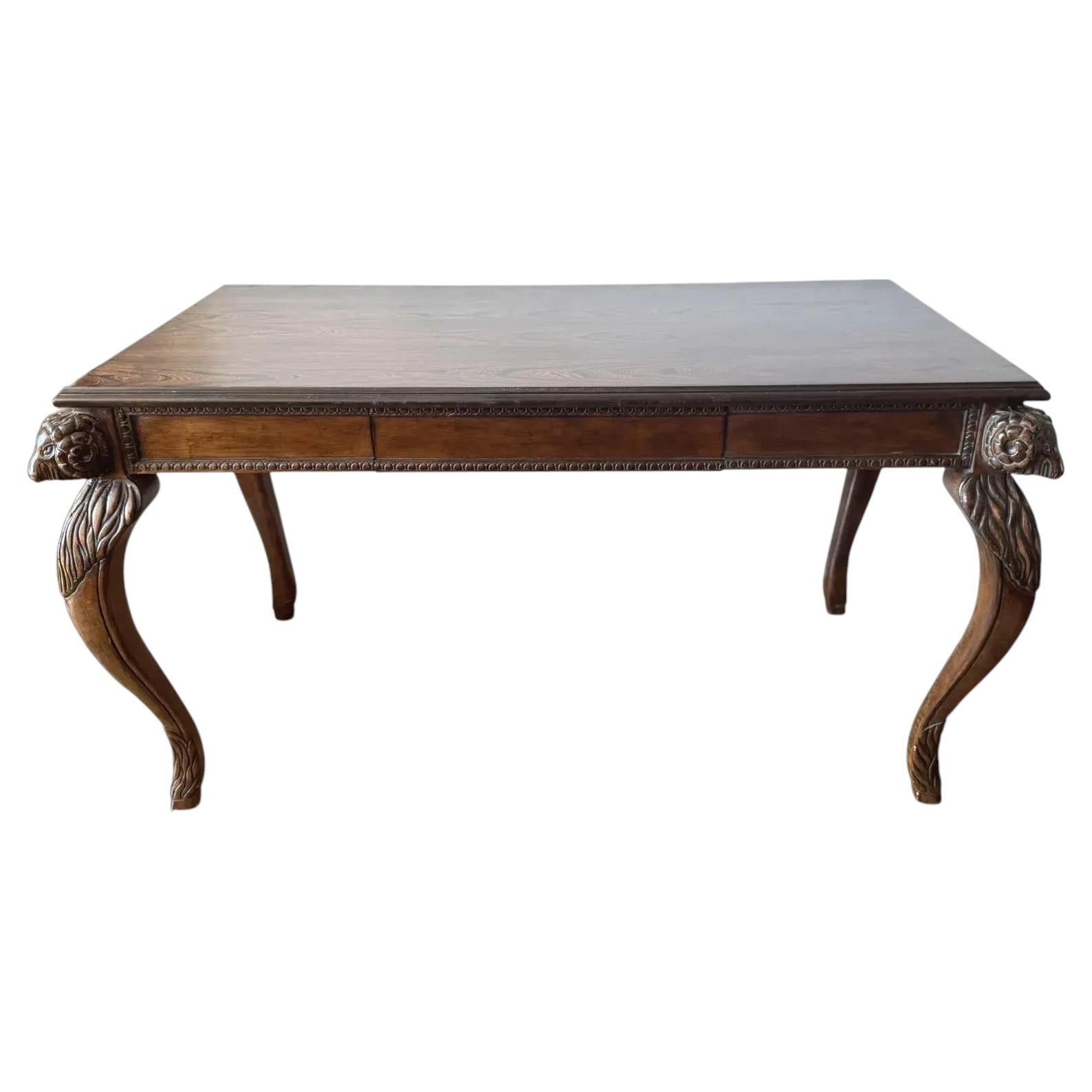 Early 20th Century Walnut Writing Desk With Ram’s Head Carvings For Sale