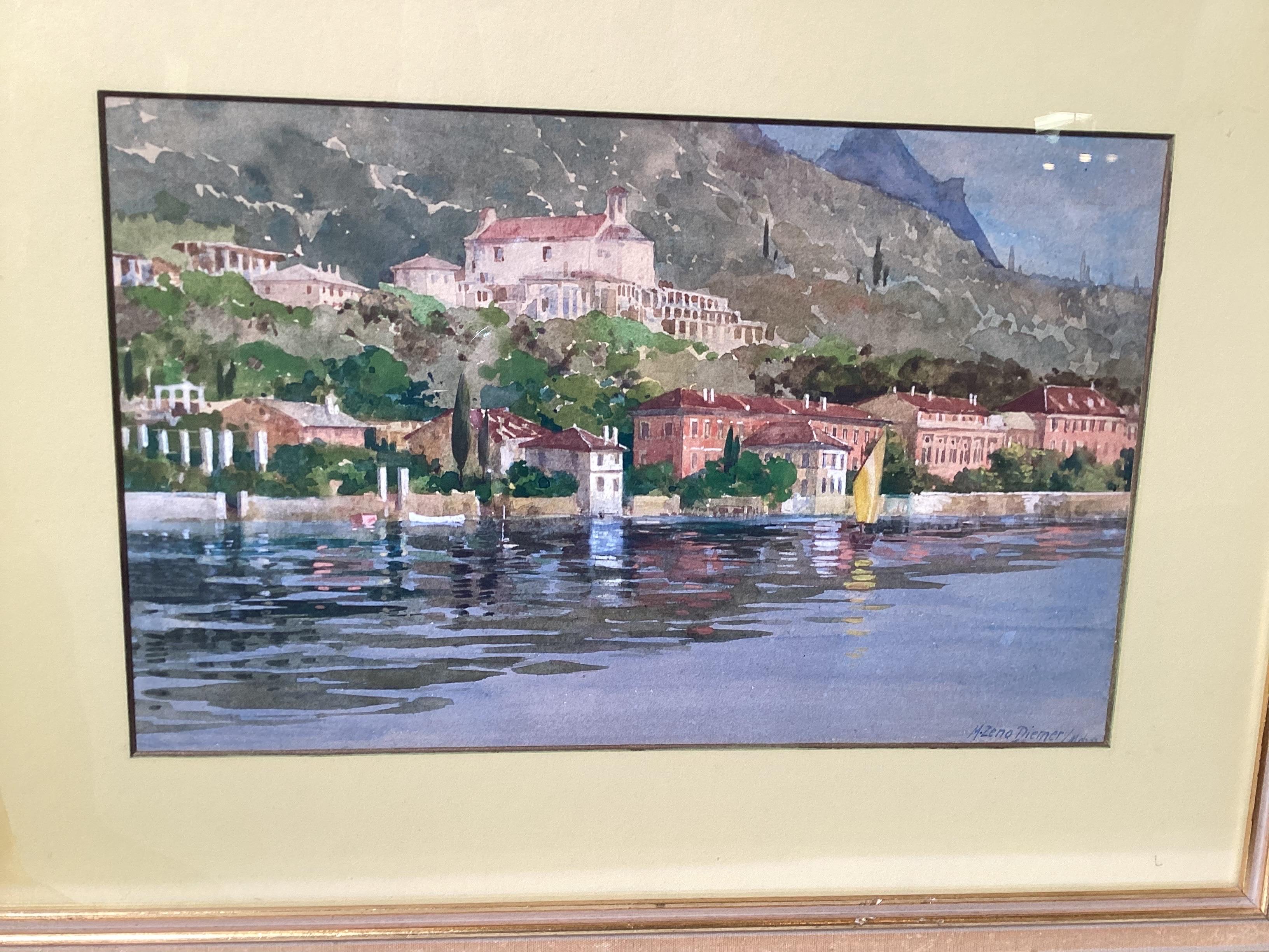 A hand painted watercolor by Michael Zeno Diemer (1867-1939). The original painting from Germany, signed and dated in giltwood frame under glass. The subject of a mountainside by the sea with a castle. 17 wide, 13.75 high, the image is 11 by 7.