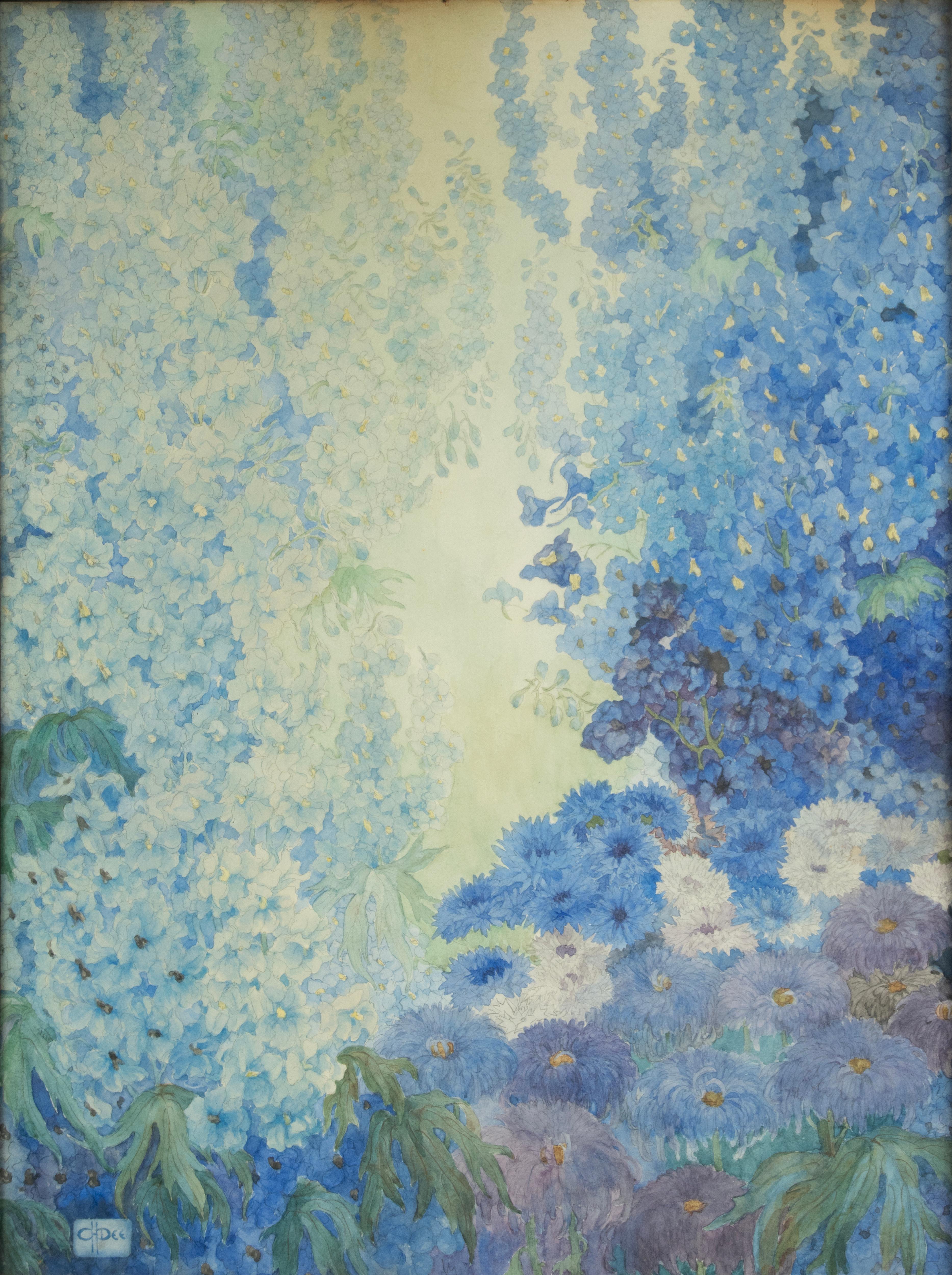 Una bellissima opera d'arte antica del pittore olandese Corneille Henri Dee. 
Il dipinto mostra un'abbondanza di splendori floreali, glicini e delphinium. 
Acquerello su carta. Realizzato intorno al 1910. 
Si tratta di un'opera tipica del pittore
