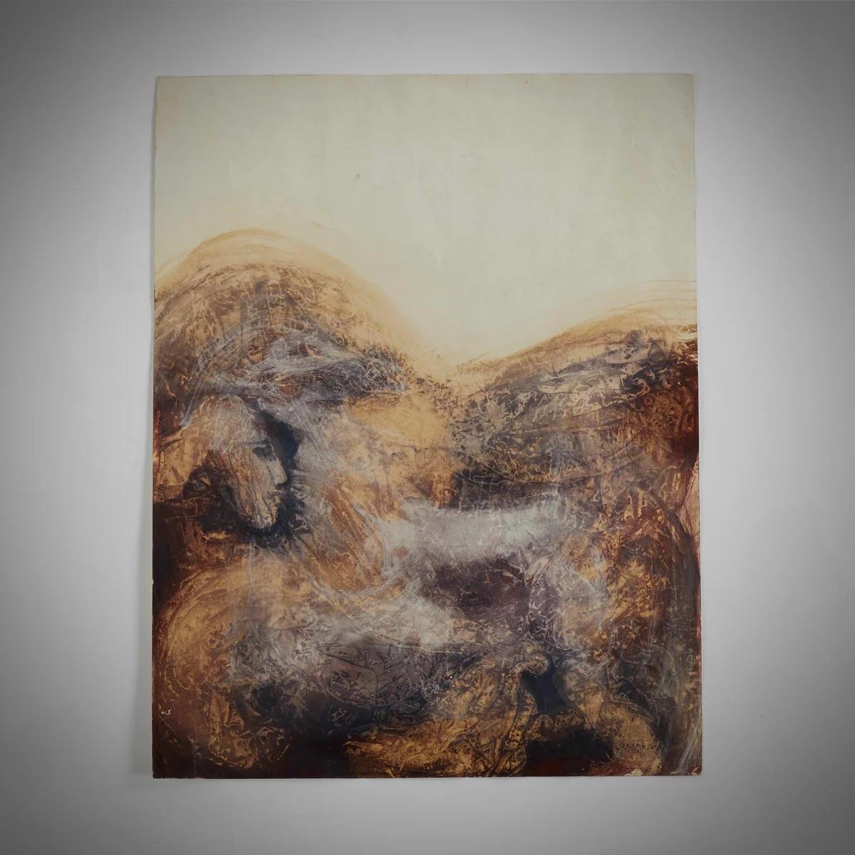 This English watercolor painting offers a dreamlike vista, employing a deeply earthy color palette of ruddy browns, smoky charcoals, and creamy bone whites. The abstract landscape swirls with a sense of both mystery and tranquility, reminiscent of