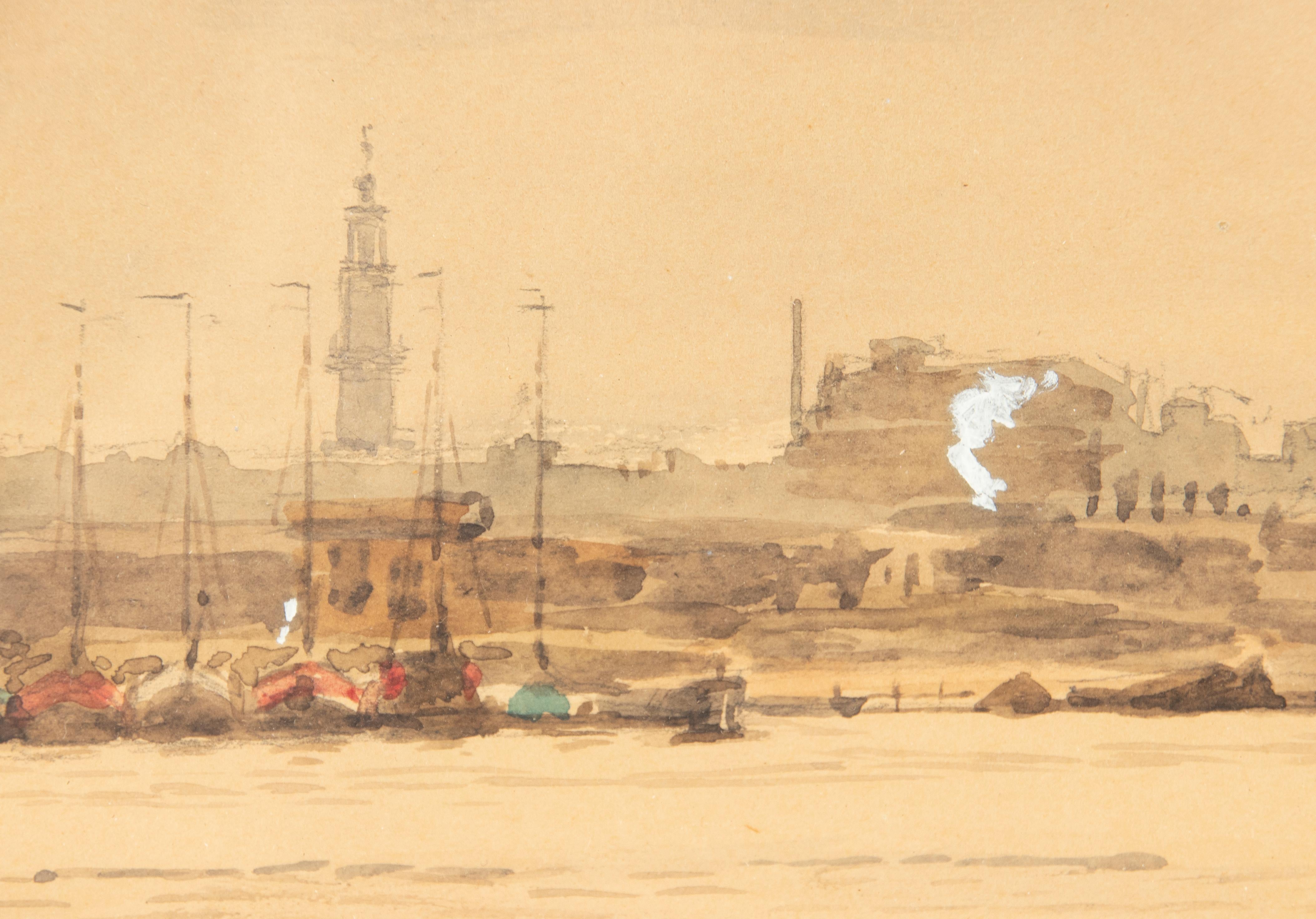 Early 20th Century Watercolor View on Harbor For Sale 4